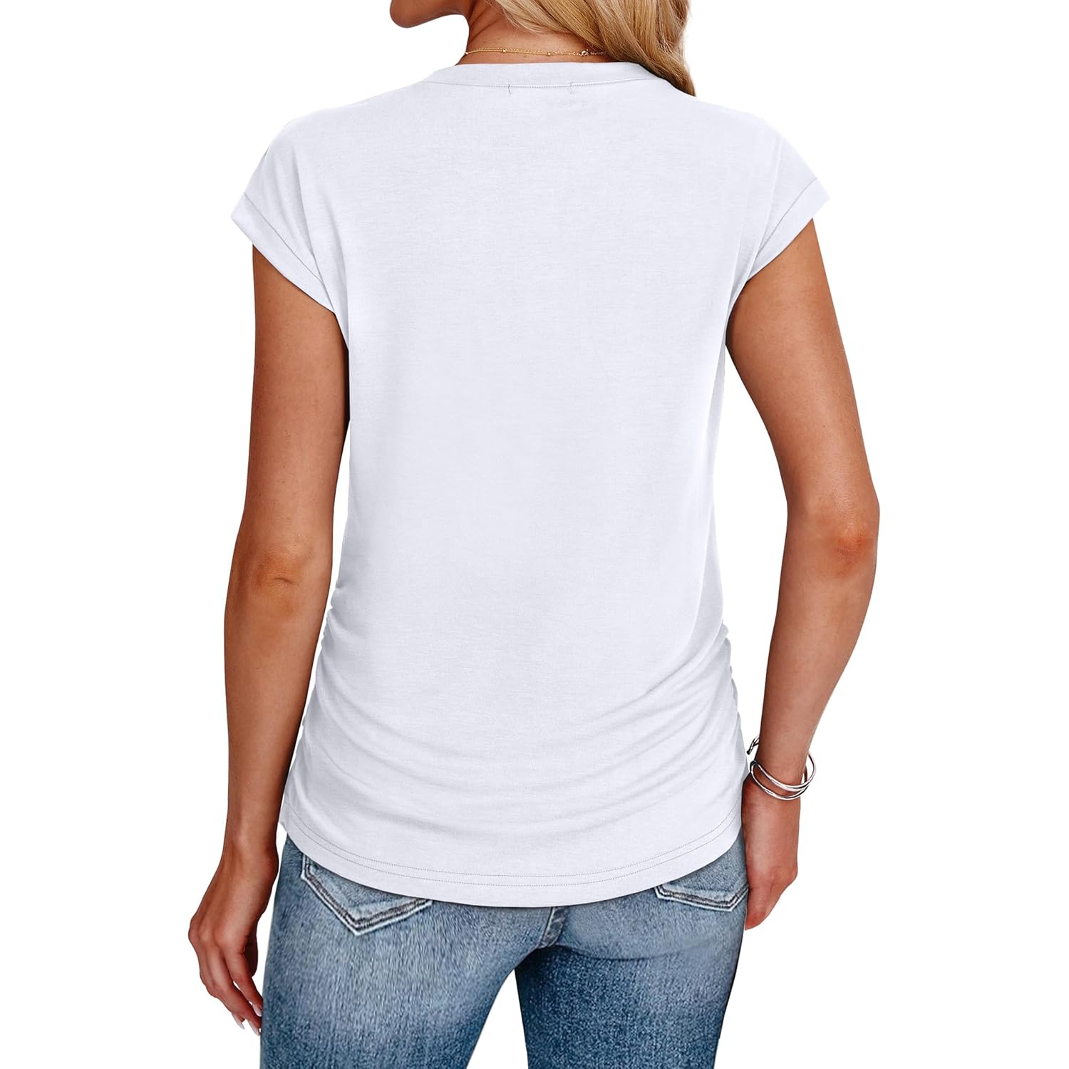 SAMPEEL Womens Summer Tops Trendy 2025 Ruched Cap Short Sleeve Tshirts Shirts Crew Neck T Shirts Fashion