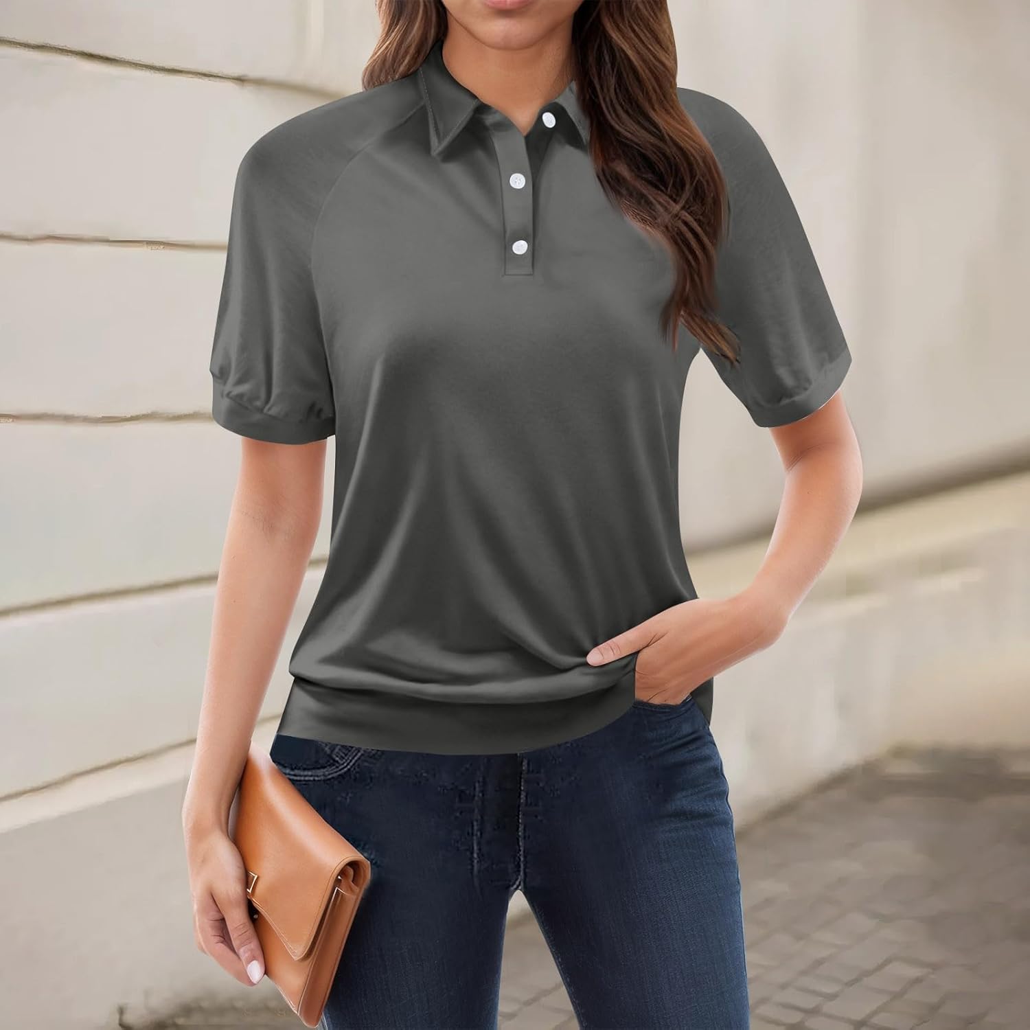 UOFOCO Womens Short Sleeve Lapel Collar Solid Color Polo Shirts Summer Work Business Office Casual Tops Outifits