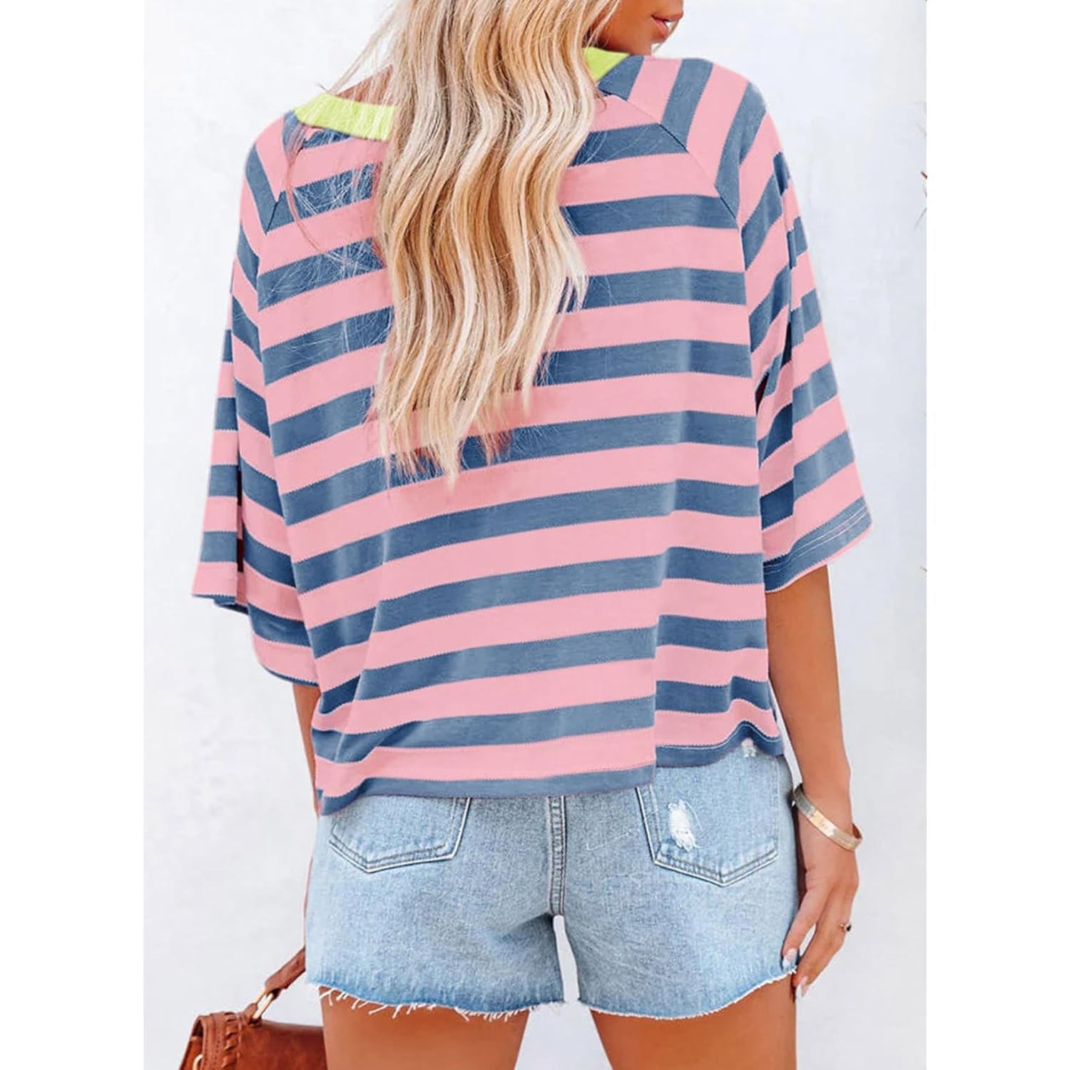 Dokotoo Tops for Women Striped 2025 Fashion T Shirts for Women Color Block Crewneck Design Loose Basic Tee