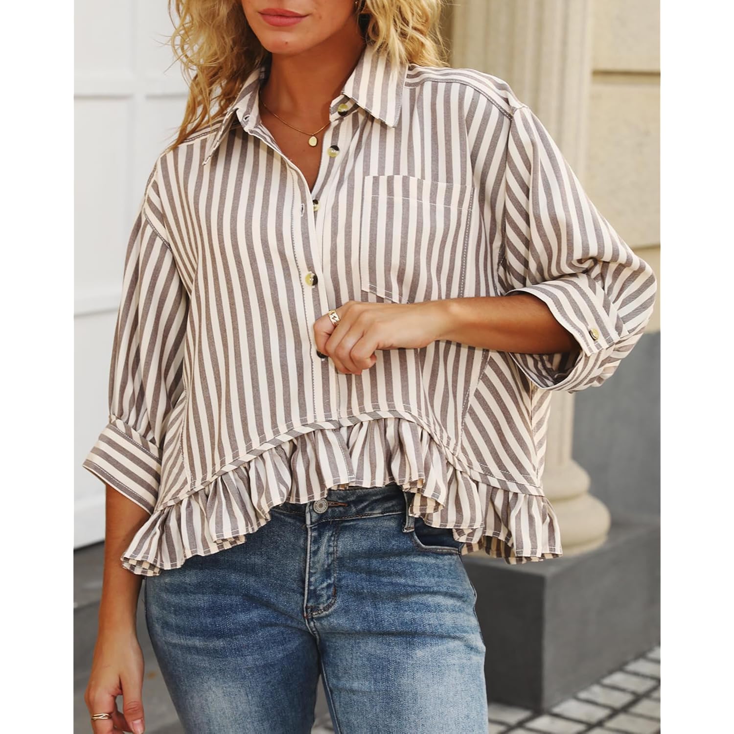 CHYRII Womens Summer Tops Dressy Casual Blouse Top Ruffled Short Sleeve Button Down Striped Shirt