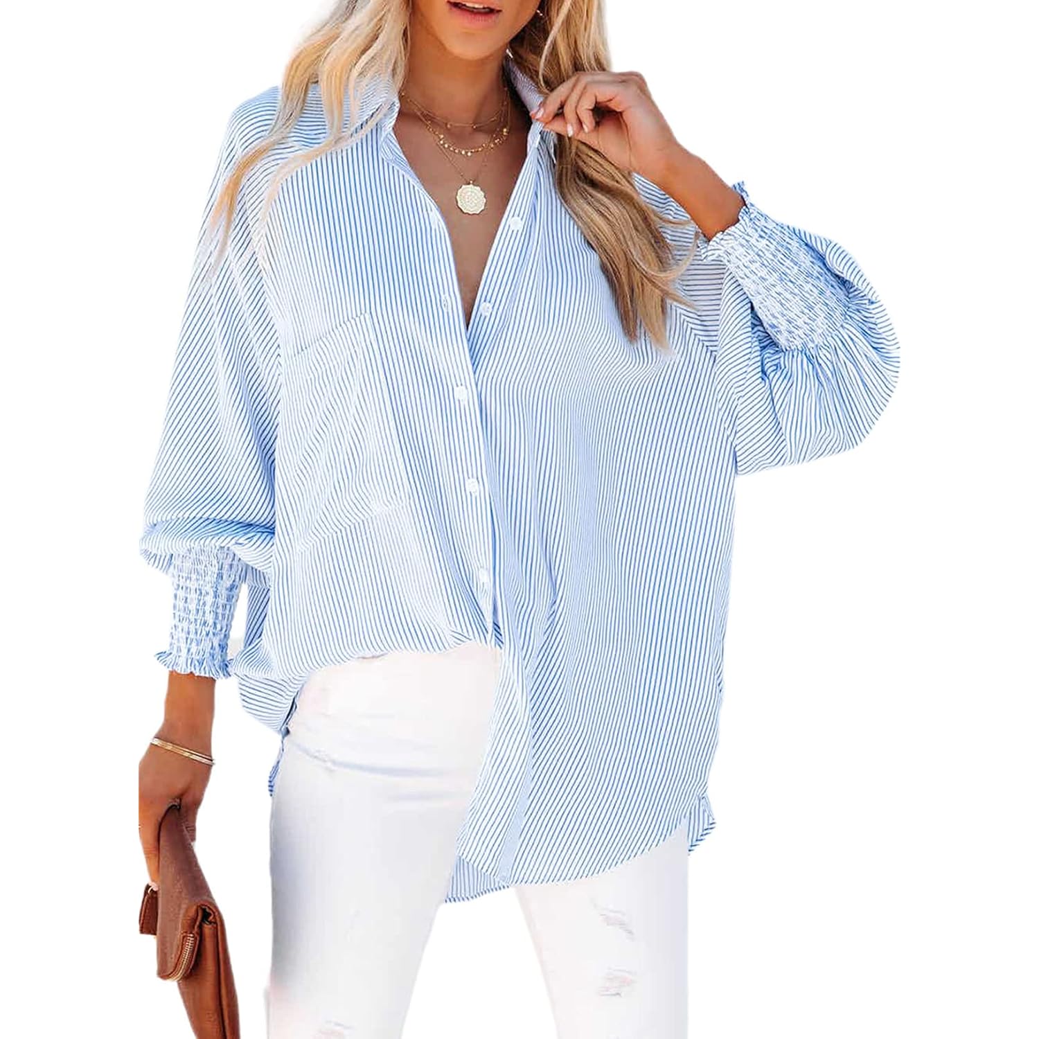 Womens Smocked Cuffed Striped Boyfriend Shirt Casual Collar Long Sleeve Oversized Button Down Blouse Tops with Pocket Shirred