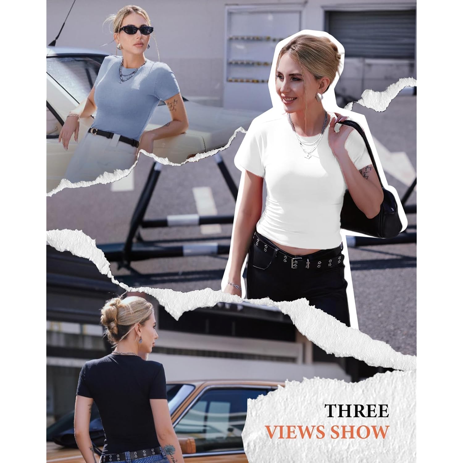 GAYHAY 3 Pack Basic Tees for Women - Crew Neck Slim Fit Tight T Shirts Cute Y2K Trendy Crop Tops Clothes for Casual Summer
