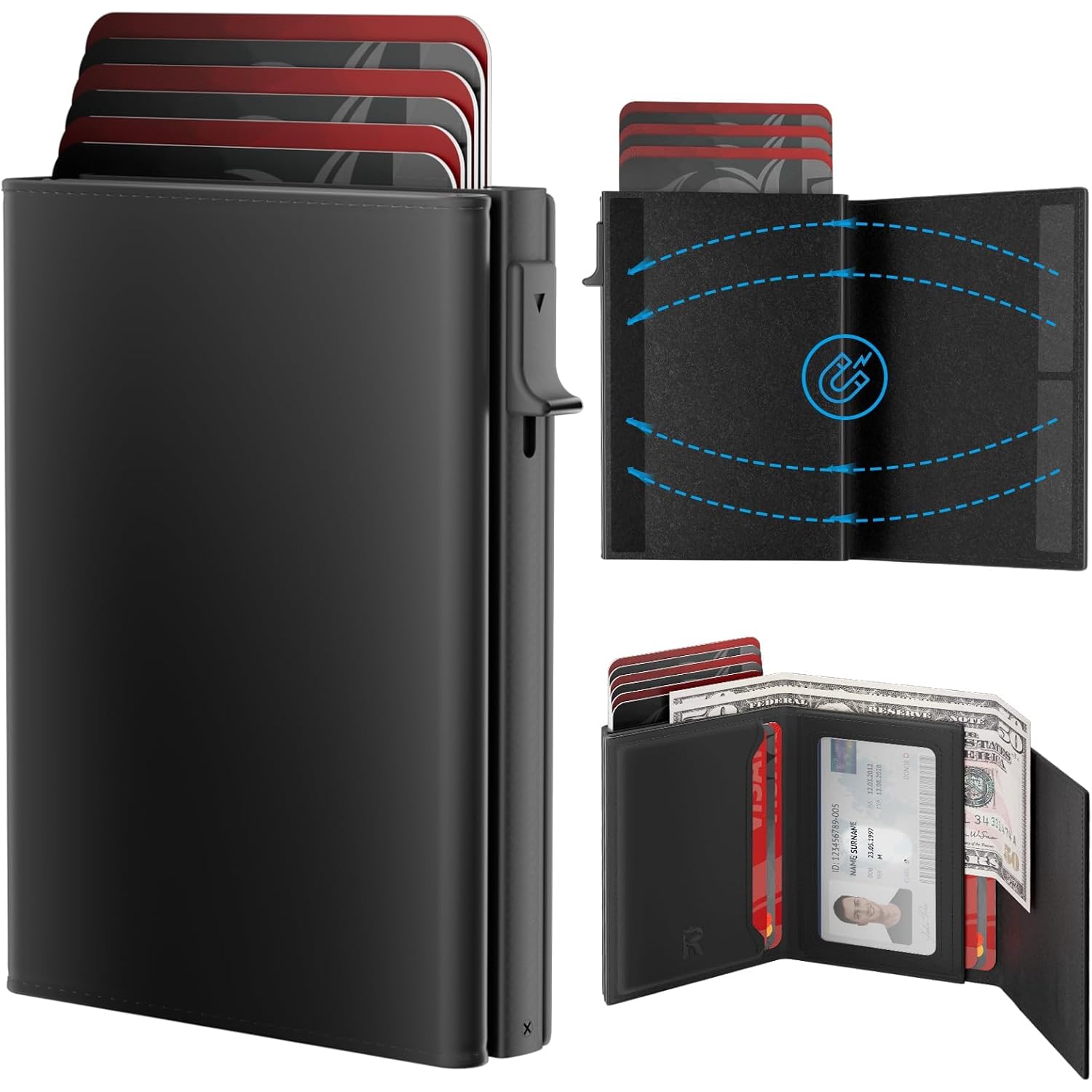 Mens Wallet Card Holder - Smart Wallet for Men, Pop Up Card Case, Top Grain Leather, RFID Blocking, Slim, Minimalist, Ultra Thin, Front Pocket, 9-14 Card Capacity | ID Window | Cash Slot (Black)