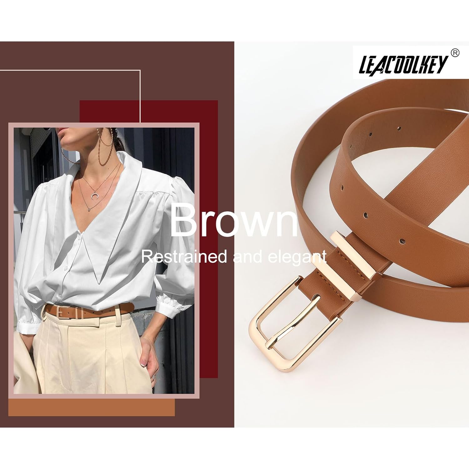 LEACOOLKEY 3 Pack Women's Leather Belts for Jeans Dress Pants Fashion Ladies Leather Belts with Gold Buckle