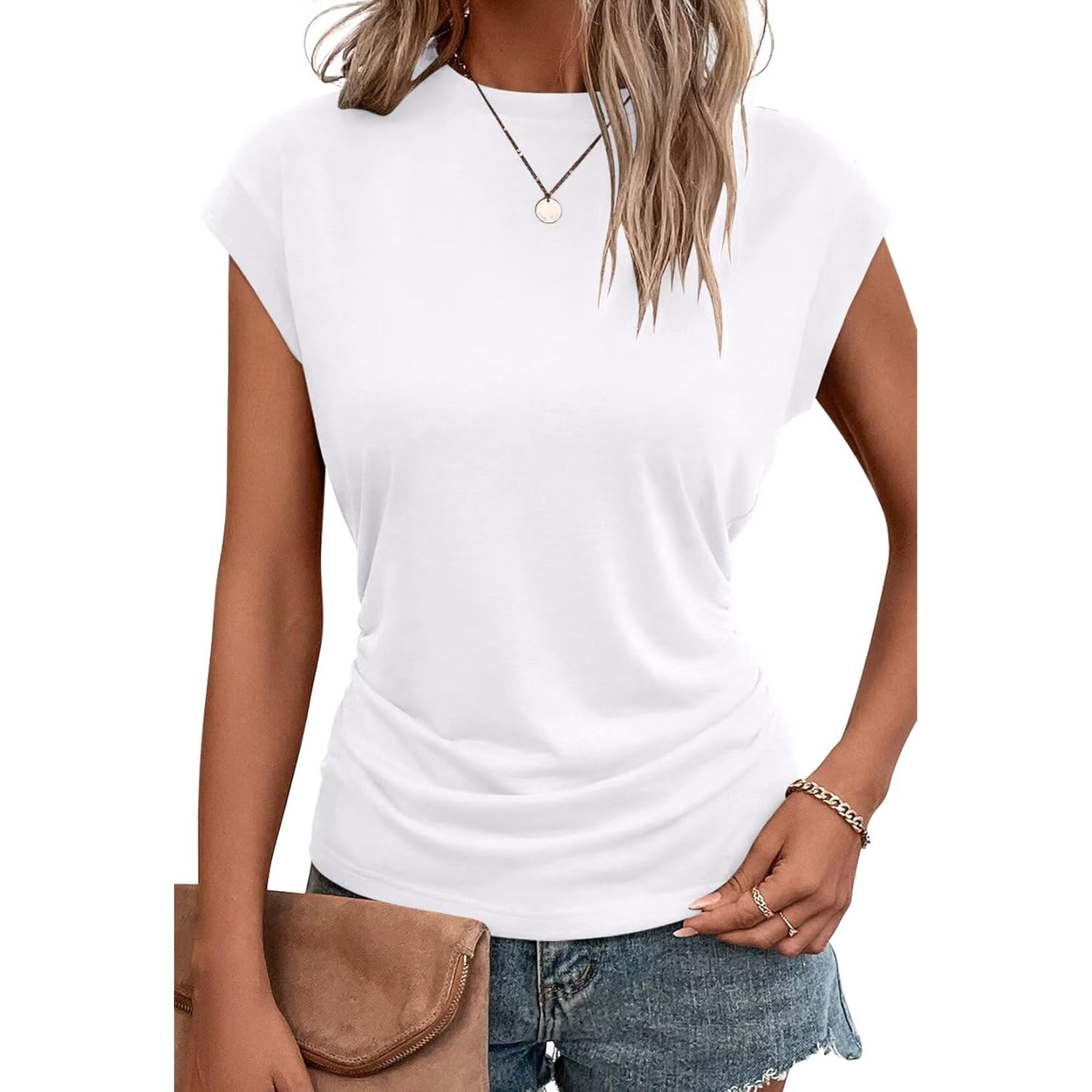 Bliwov Womens Summer Cap Sleeve Tops Business Casual Crewneck T Shirts Trendy Outfits Beach Vacation Clothes Fashion Blouses