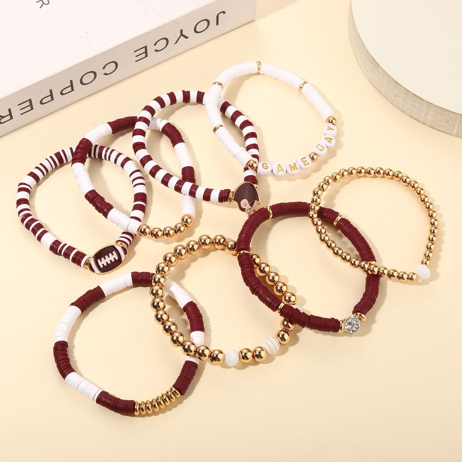 Game Day Bracelets for Women - Red, Black, Blue Heishi Clay Beaded Stretch Bracelets - Stackable Sports Charm Bracelet Bangles - Football Mom Accessories & Outfits Jewelry Gifts