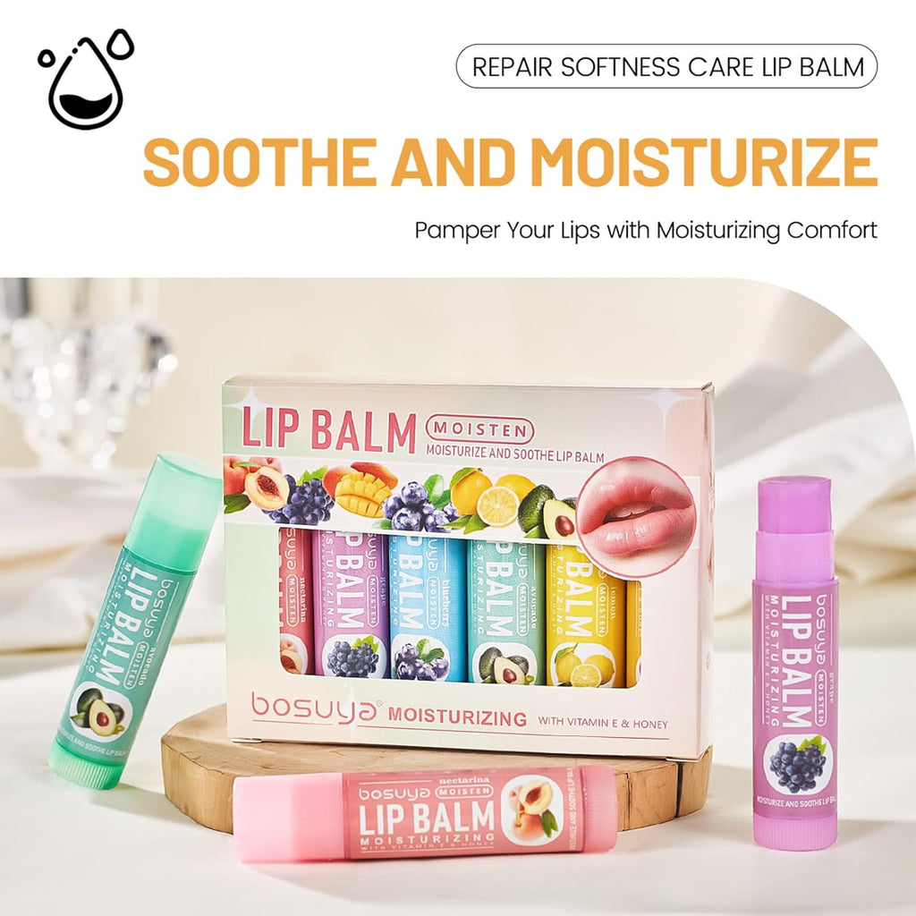 12 Pack Lip Balm Set Fruit Flavored 6Flavors Natural Lip Balm Bulk for Dry Cracked Lips Long Lasting Lip Care Products Anti Chapping Lip Moisturizers Travel Size Winter Anti-Crack Fruity