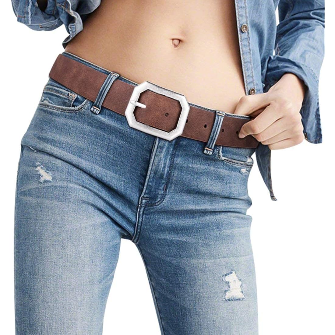 Ssumday Women's Reversible 1.3" Leather Belts for Jeans Pants Dresses with Fashion Vintage Silver Buckle