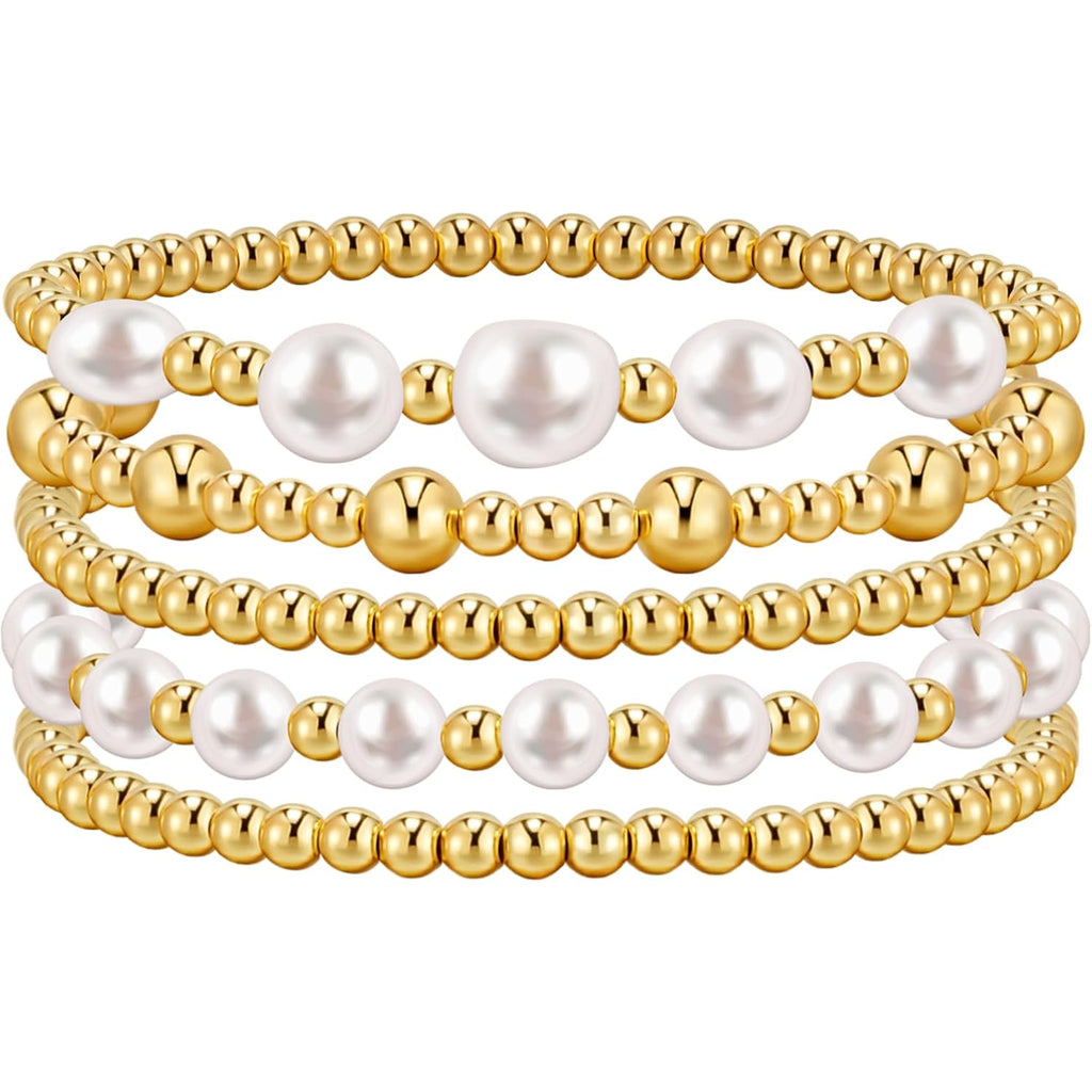adoyi Gold Bracelets for Women Beaded Bracelet 14K Gold Plated Bracelet Stack Strand Stretch Bead Ball Bracelet Set Stackable Bracelet Adjustable Bracelet Set Jewelry for Gifts