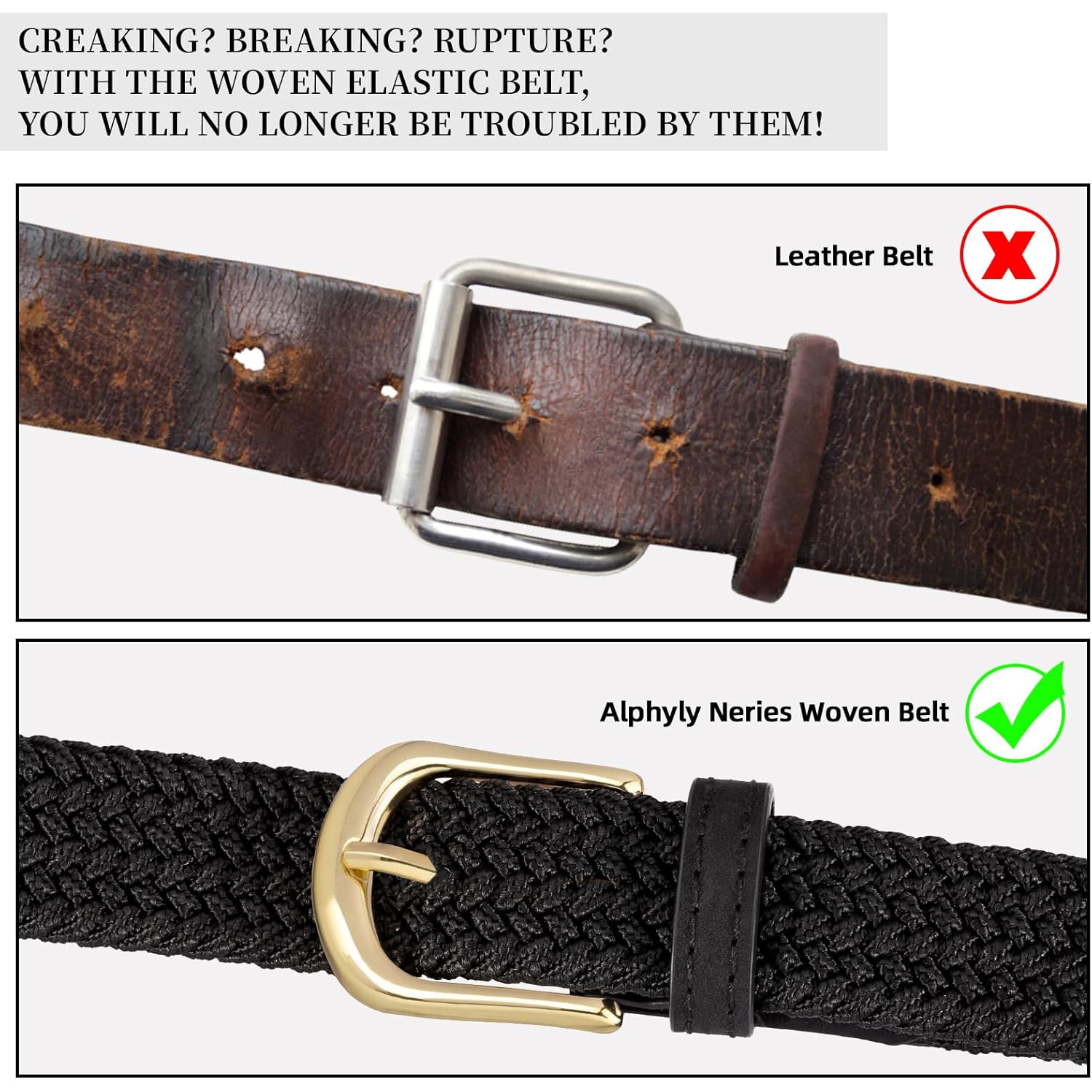 2 Pack Braided Belt for Women, Elastic Woven Stretch Fabric Cloth Belt with Gold Buckle