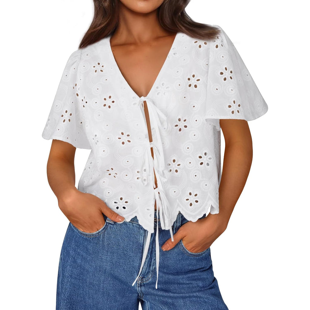 Trendy Queen Womens Tie Front Tops Summer Beach Vacation 2025 Fashion Outfits Loose Fit Blouses Eyelet Embroidered Clothes