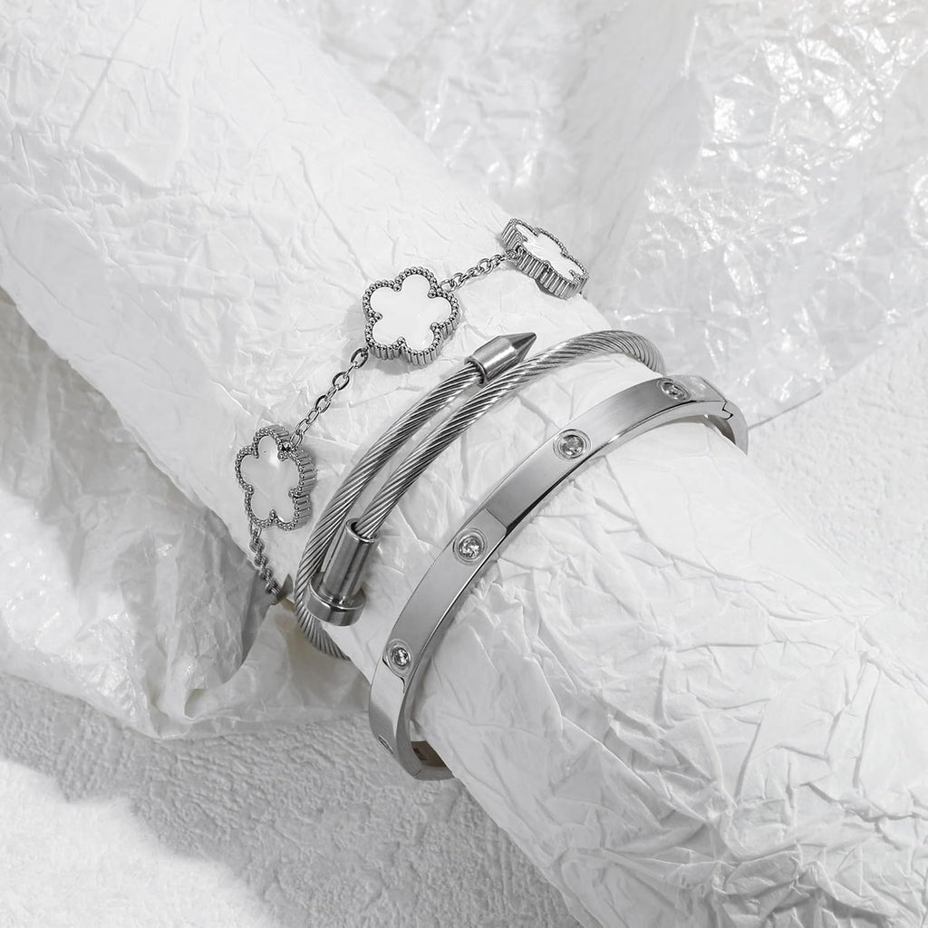 Womens Stackable Floral Silver Bracelets - 3Pcs Stainless Steel Bangle Bracelets Non Tarnish, Silver Bracelet Set Trendy Jewelry, Gifts for Girlfriend