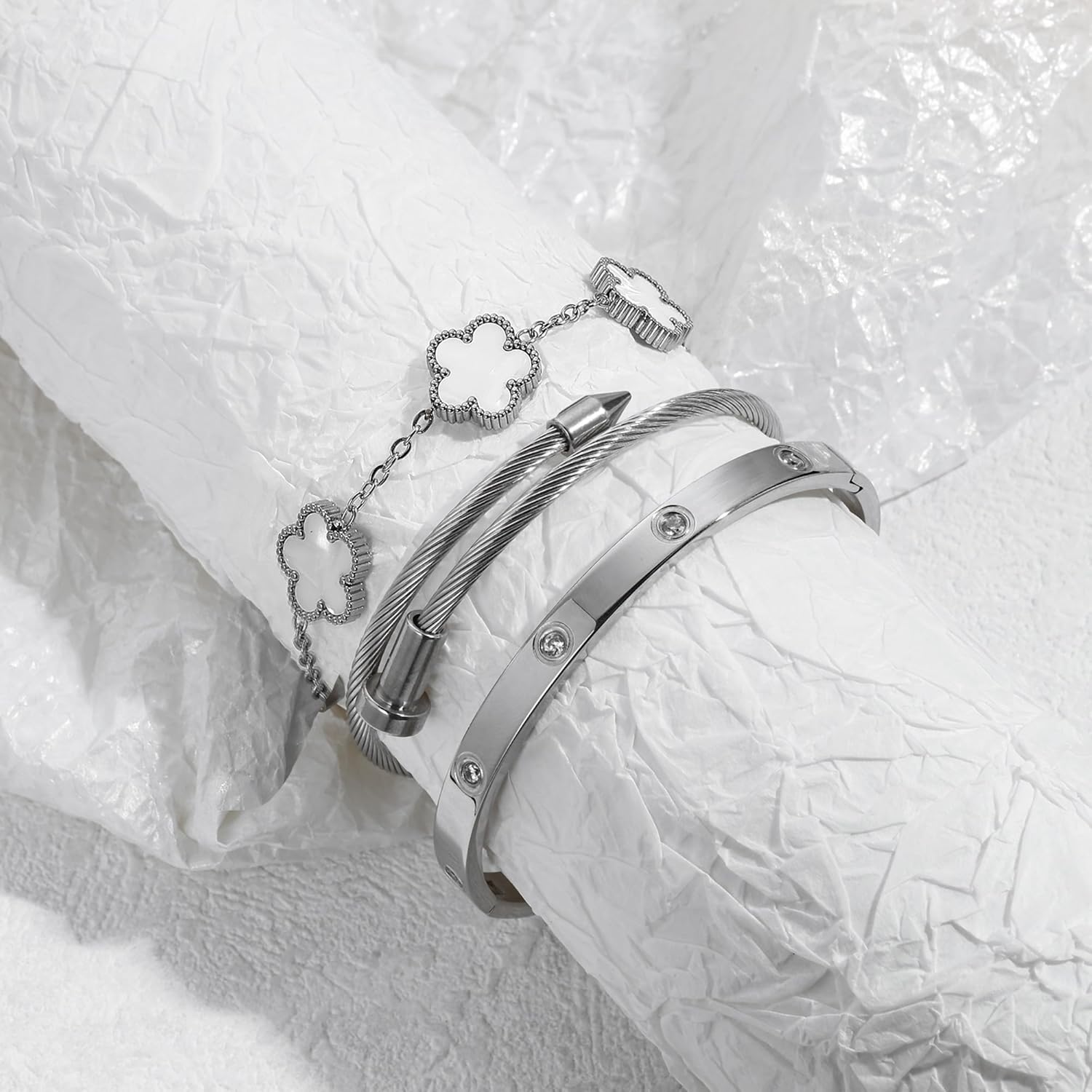 Womens Stackable Floral Silver Bracelets - 3Pcs Stainless Steel Bangle Bracelets Non Tarnish, Silver Bracelet Set Trendy Jewelry, Gifts for Girlfriend