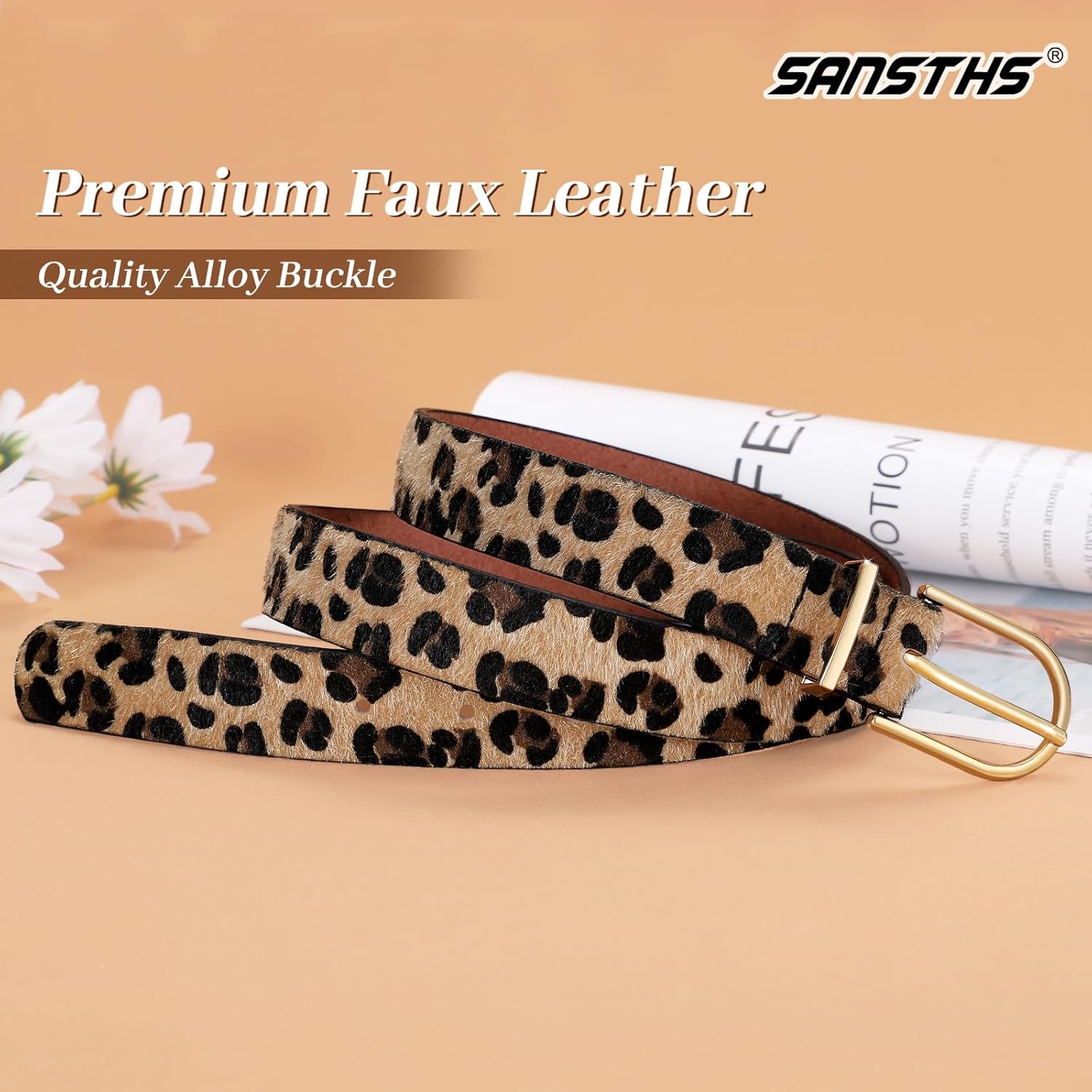 SANSTHS Women Faux Leather Chic Belts for Jeans Pants Fashion Ladies Belt Solid Color with Gold Curved Pin Buckle