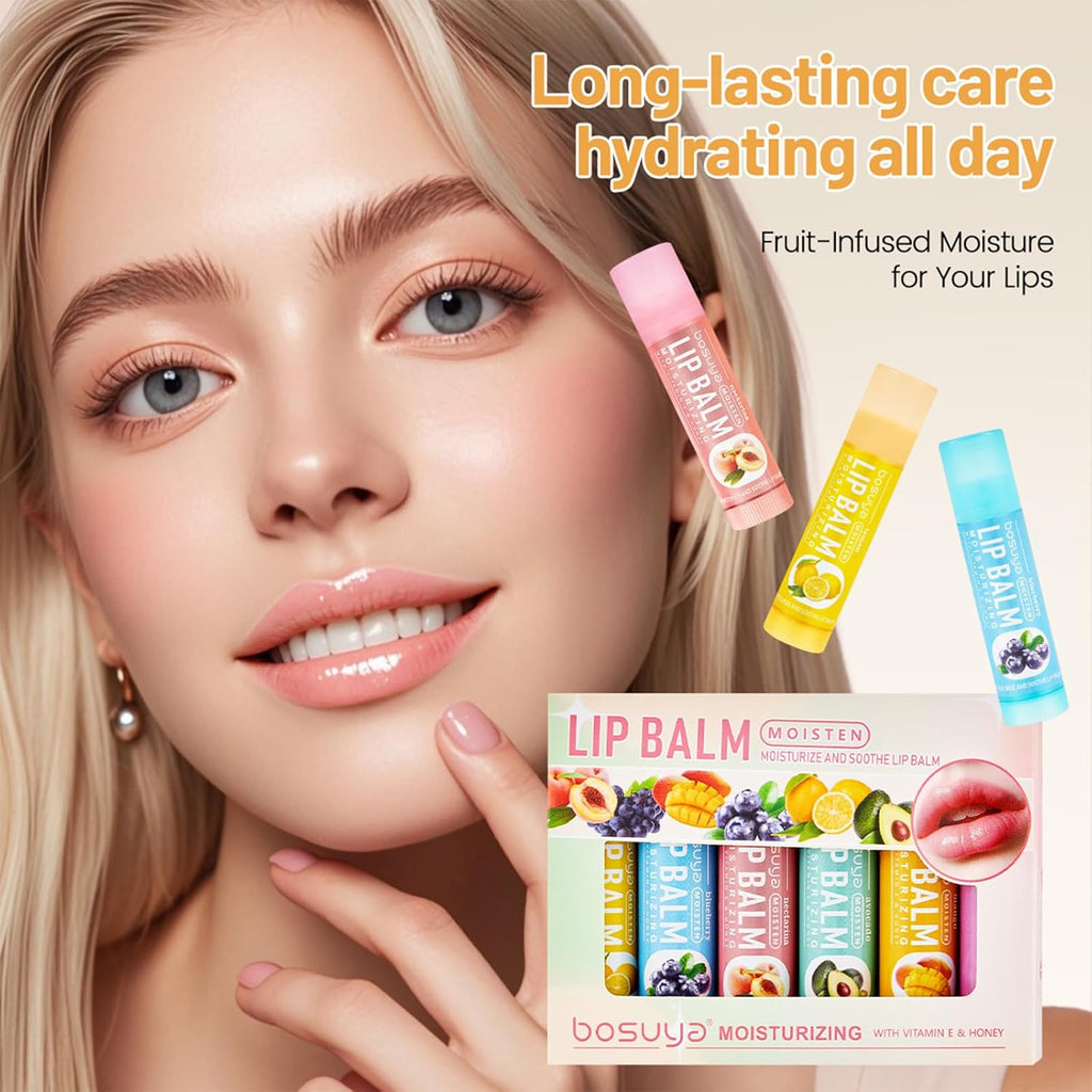 12 Pack Lip Balm Set Fruit Flavored 6Flavors Natural Lip Balm Bulk for Dry Cracked Lips Long Lasting Lip Care Products Anti Chapping Lip Moisturizers Travel Size Winter Anti-Crack Fruity