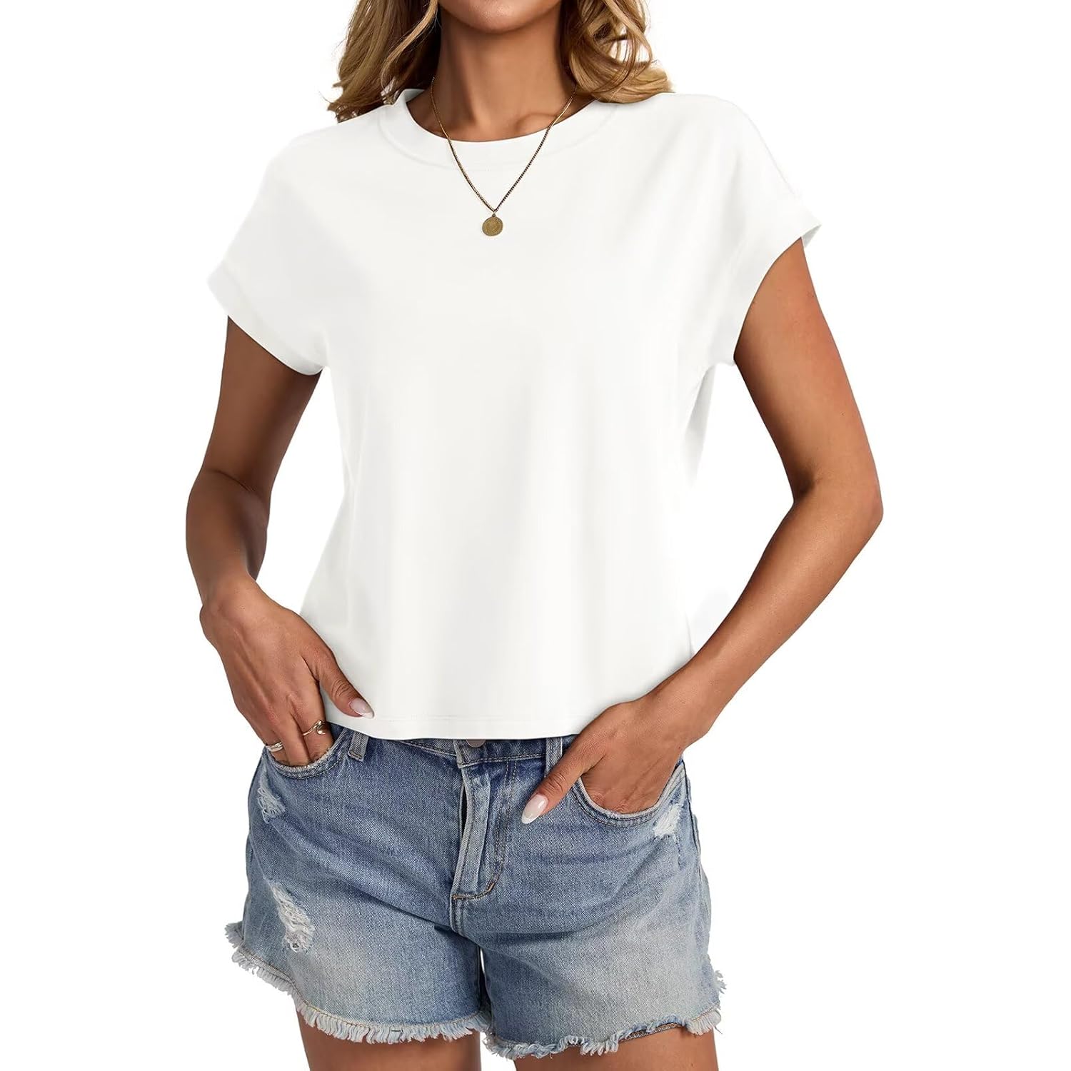 Womens Cap Sleeve Crop Tops Cotton T Shirts Crewneck Loose Fit Short Sleeves Tee Summer Fashion Clothes 2025