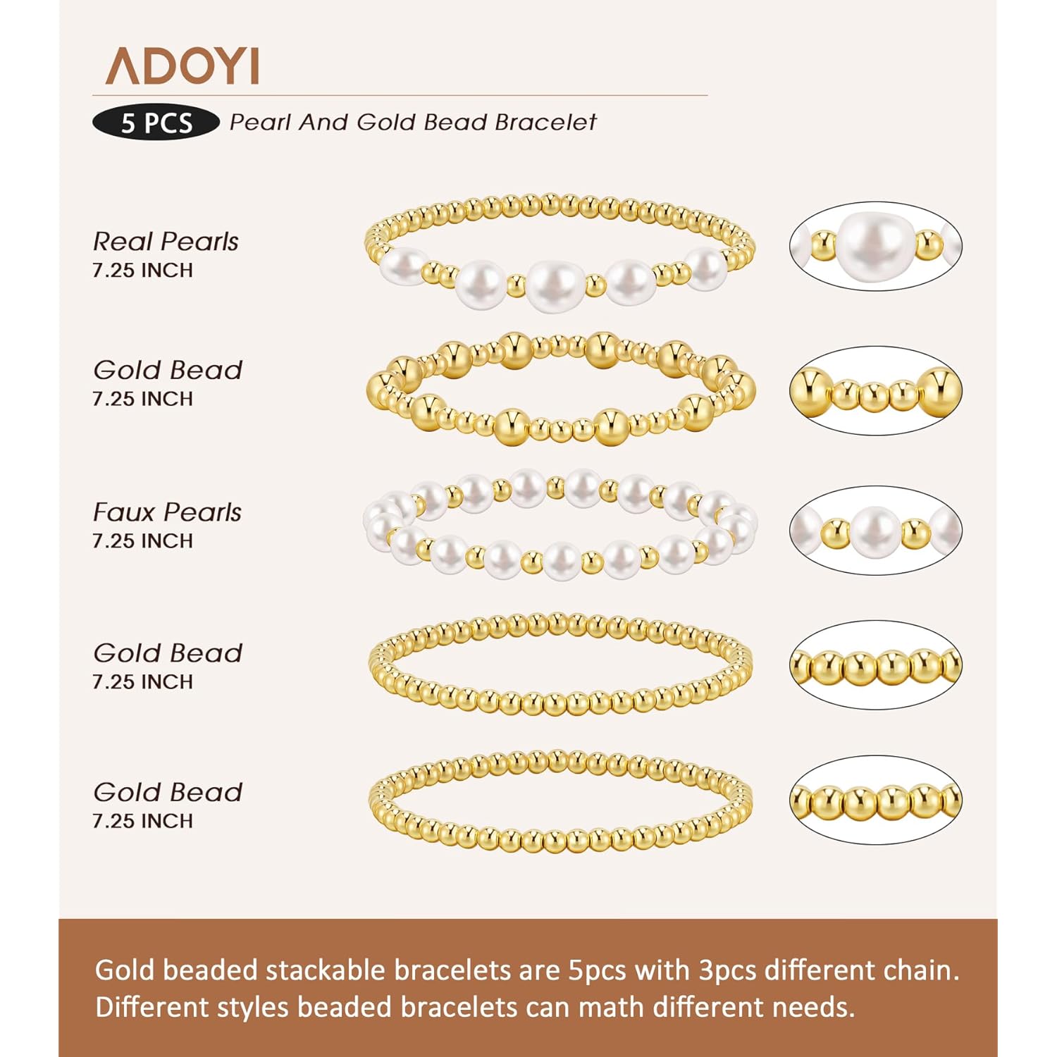 adoyi Gold Bracelets for Women Beaded Bracelet 14K Gold Plated Bracelet Stack Strand Stretch Bead Ball Bracelet Set Stackable Bracelet Adjustable Bracelet Set Jewelry for Gifts