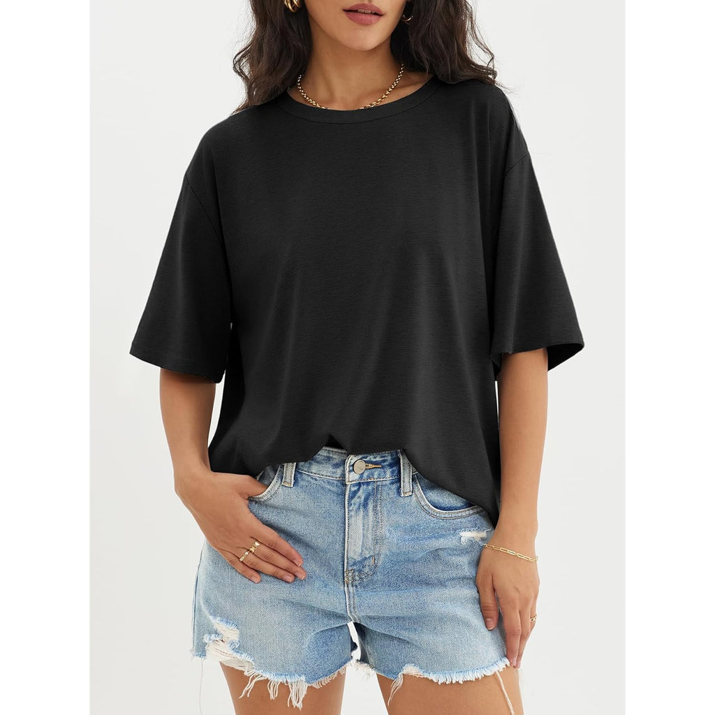 ATHMILE Womens Oversized T Shirts Loose Fit Crewneck Short Sleeve Tops Summer Casual Blouse Y2K 2025 Basic Tee Beach