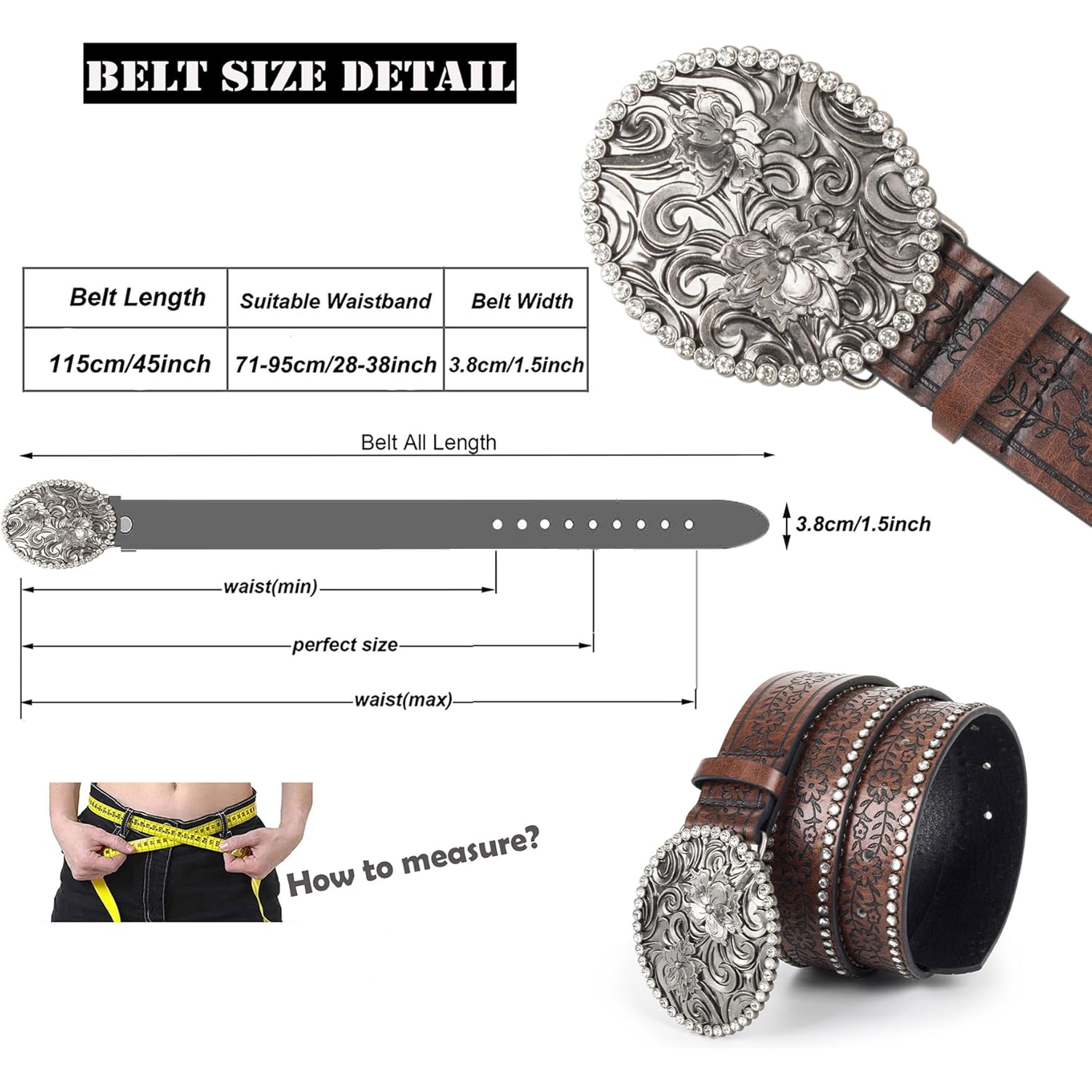 Womens-Western-Belt Rhinestone-Cowboy-Cowgirl Belt - Embossed PU-Leather Belt with Diamond Flower-Buckle(for 28-38'')