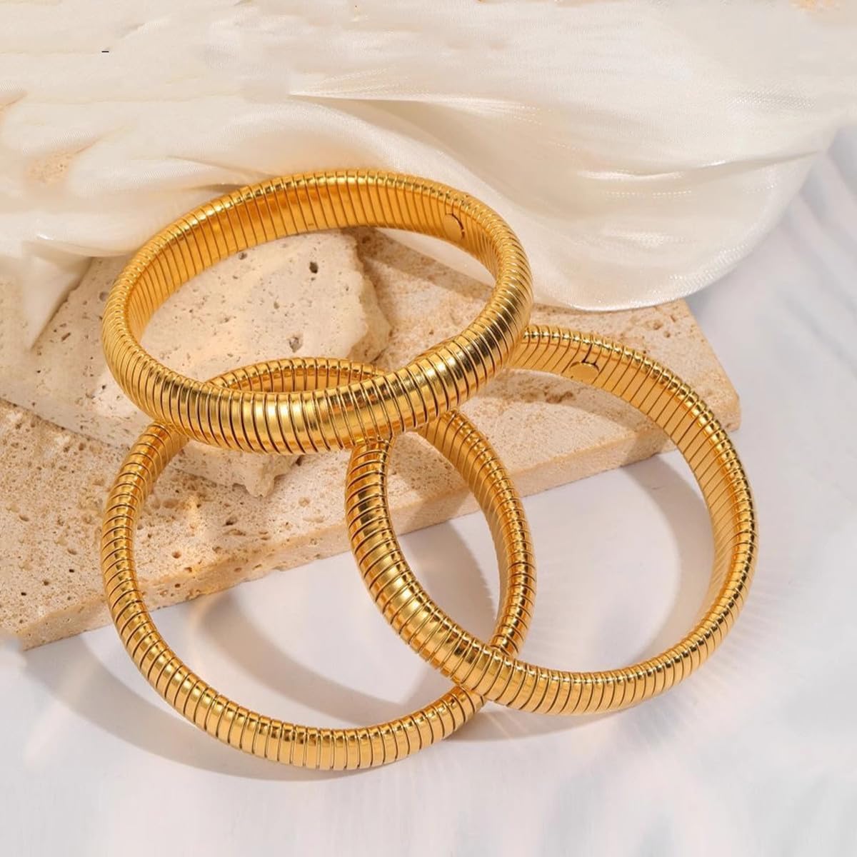 Gold Bangles for Women Set of 3 Chunky Stretch Bangles Bracelets 24K Gold Plated Stainless Steel Bracelets Flexible Wide Stack Bracelets Designer Look Alike Jewelry for Women