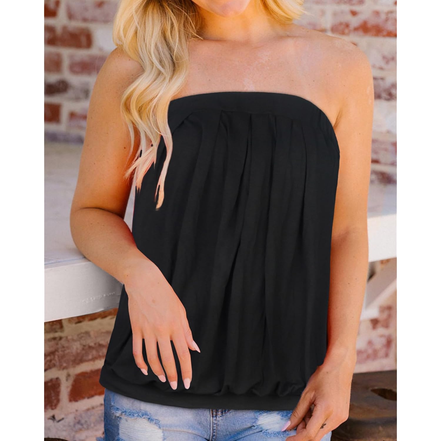 CHICGAL Women's Tube Tops Summer Casual Bandeau Tank Casual Strapless Blouse Off The Shoulder Tunic Shirts