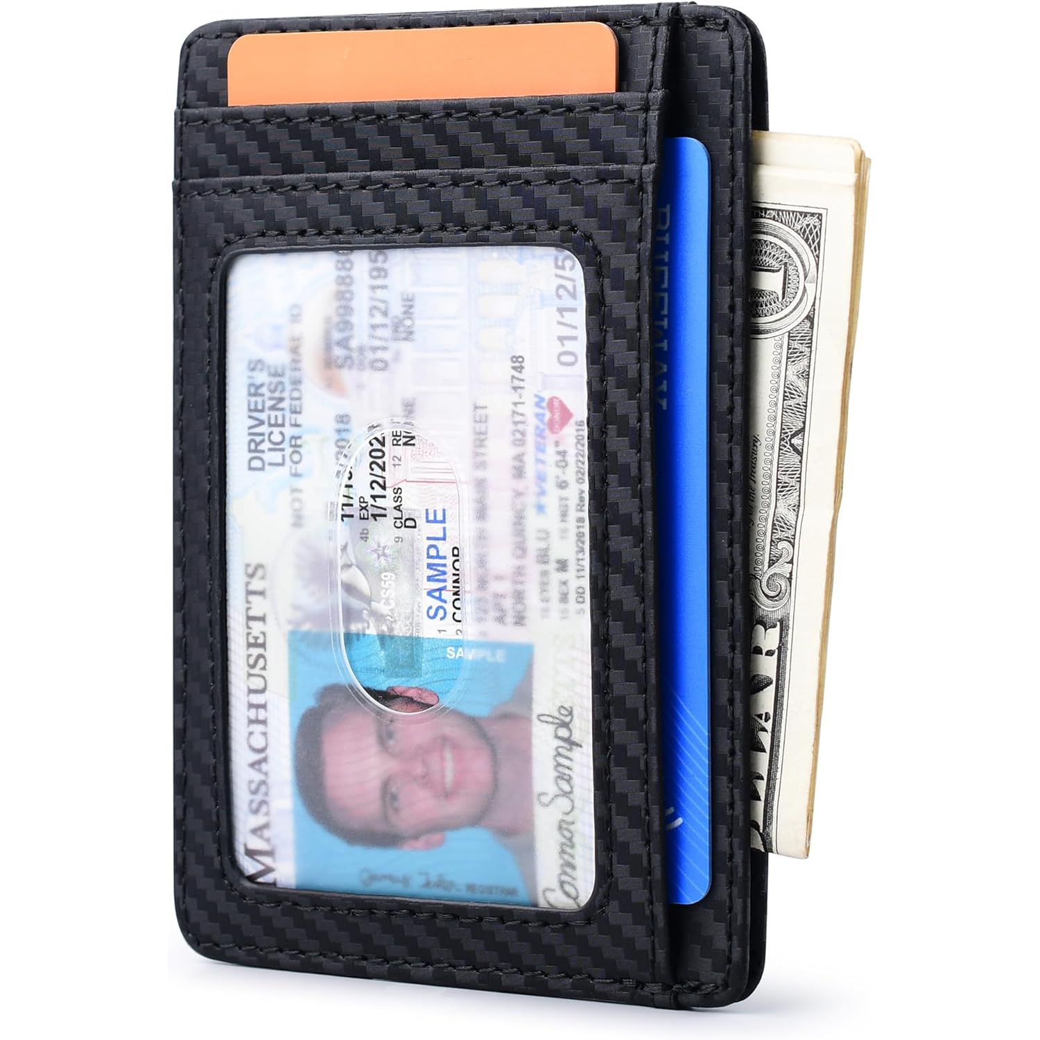 Buffway Slim Minimalist Front Pocket RFID Blocking Leather Wallets for Men and Women - Carbon Fiber Black