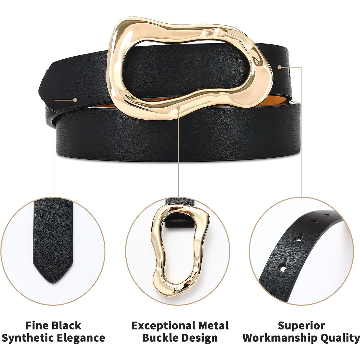 Black Belt for Women Stylish Gold Buckle Fashion Leather Waist Belt Perfect for Jeans and Dresses