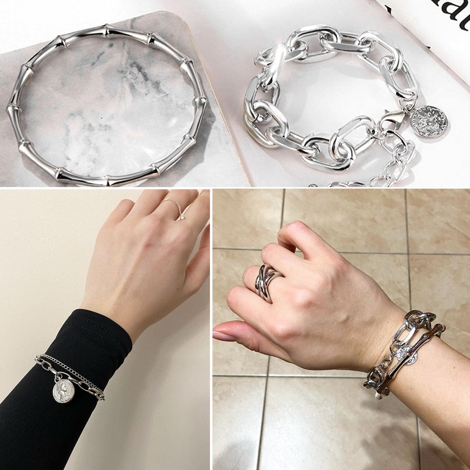 17IF 18-25 PCS(6 Pack) Boho Gold Bracelets Set for Women Stackable Chunky Dainty Bangles Adjustable Chain Flat Cuff Cuban Punk Charm Bundle Jewelry
