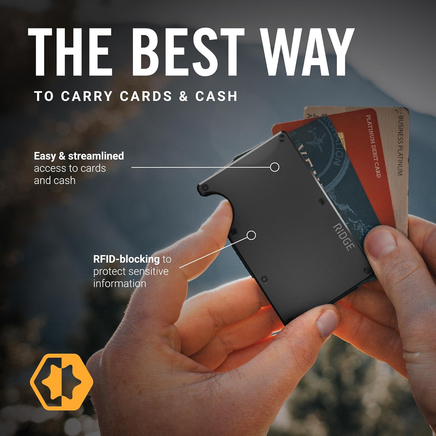 The Ridge Wallets for Men - Slim Minimalist Compact Wallet and Card Holder, RFID Protected Front Pocket Wallets with Integrated Cash Strap (Gunmetal)