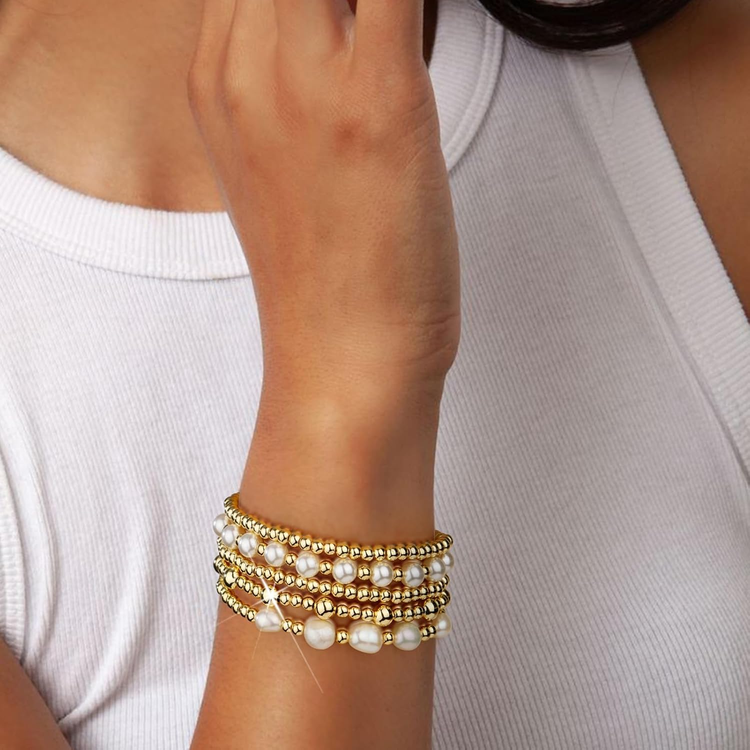adoyi Gold Bracelets for Women Beaded Bracelet 14K Gold Plated Bracelet Stack Strand Stretch Bead Ball Bracelet Set Stackable Bracelet Adjustable Bracelet Set Jewelry for Gifts