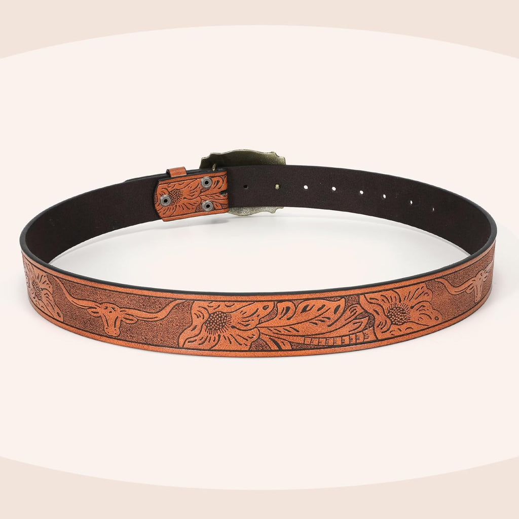 Women Men Western Belts Cowboy Cowgirl Country Belt Longhorn Bull Buckle Floral Embossed Belt for Jeans Dresses