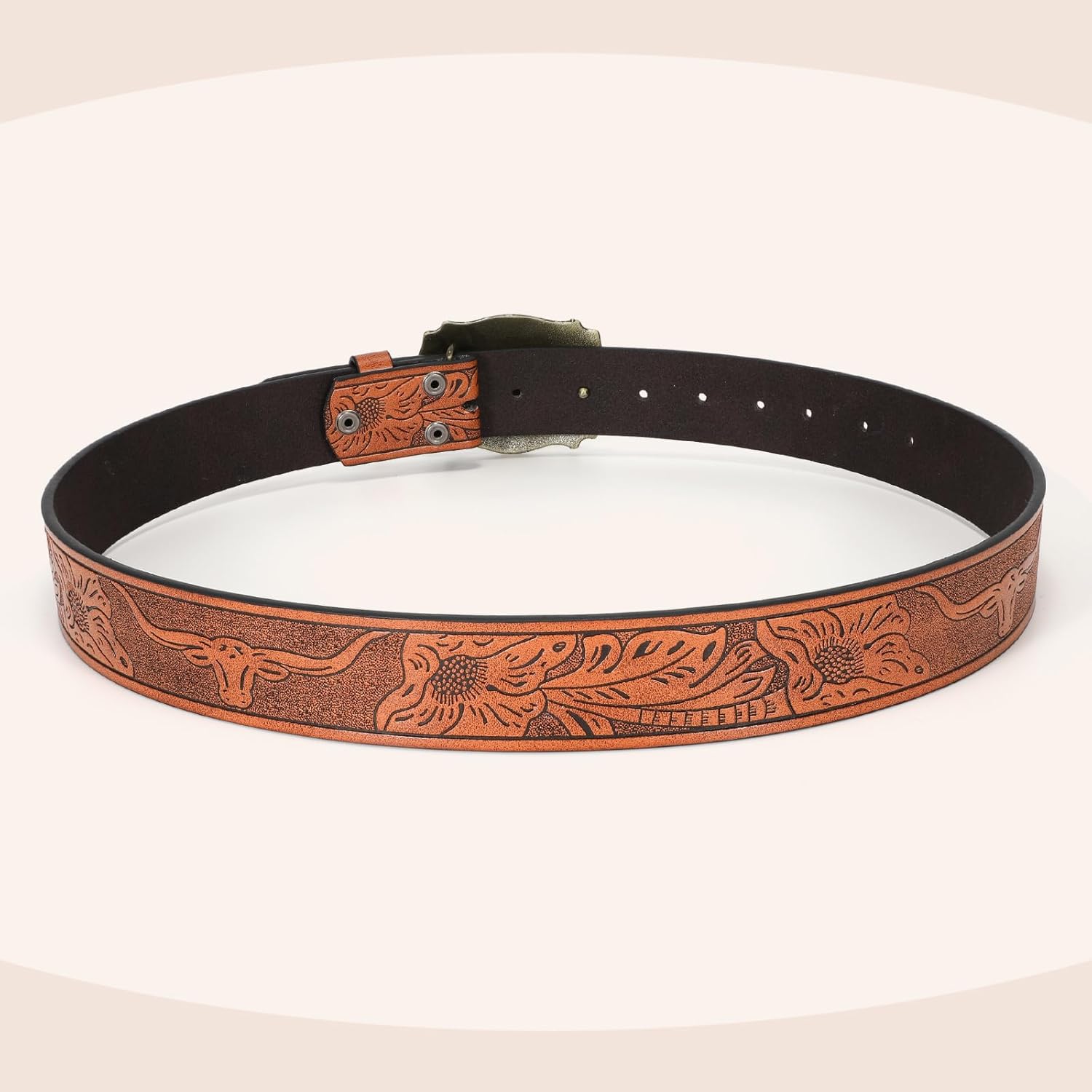Women Men Western Belts Cowboy Cowgirl Country Belt Longhorn Bull Buckle Floral Embossed Belt for Jeans Dresses