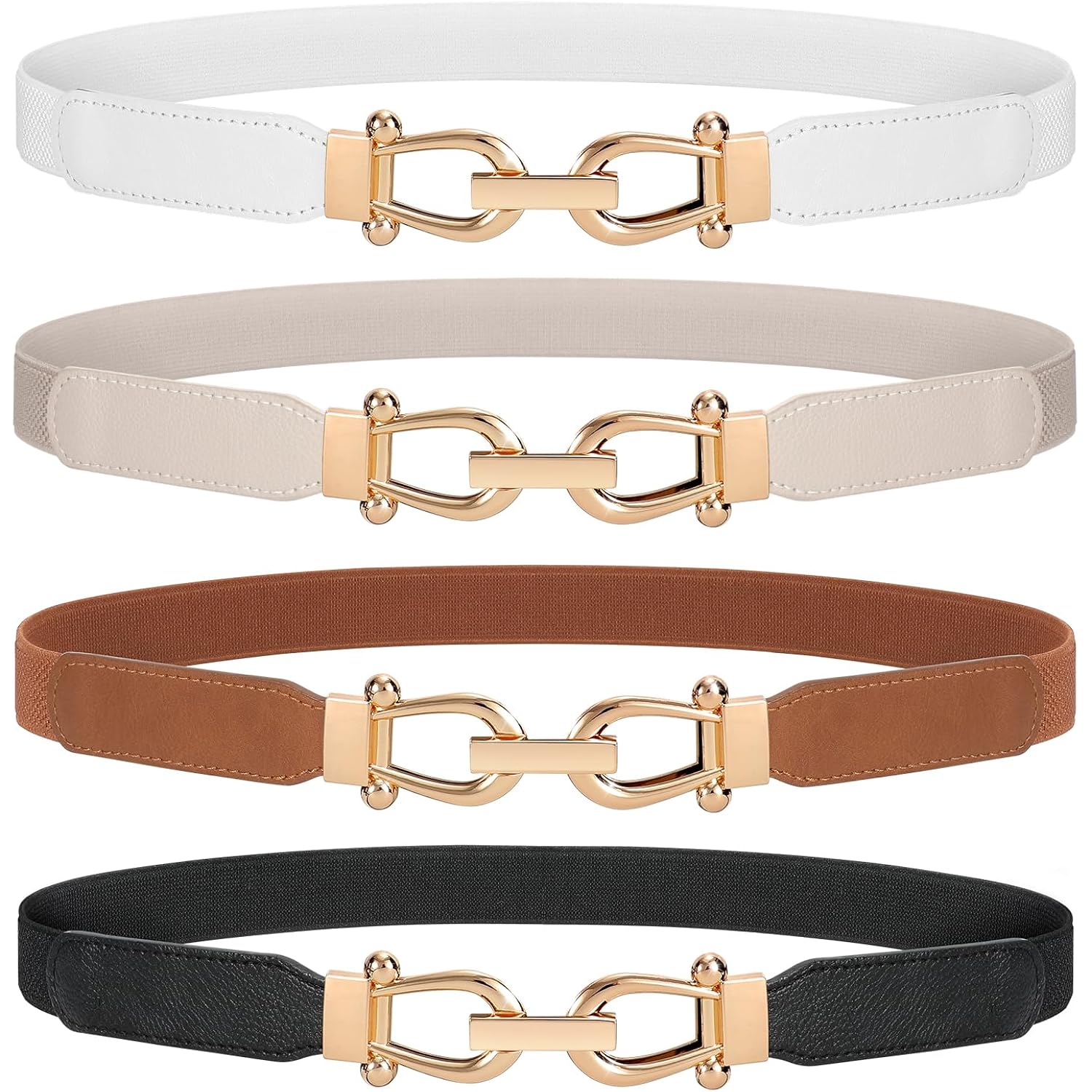 WERFORU Women Skinny Belt for Dresses Retro Stretch Waist Belt with Gold Buckle Set of 4