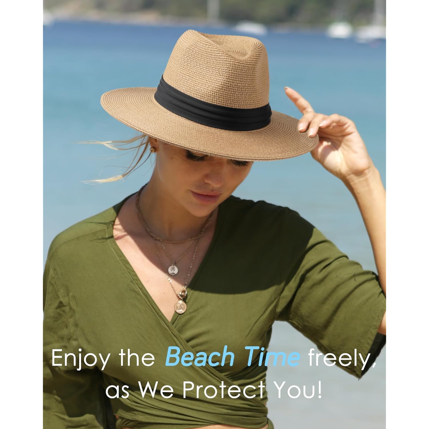 FURTALK Panama Hat Sun Hats for Women Men Wide Brim Fedora Straw Beach Hat UV UPF 80+
