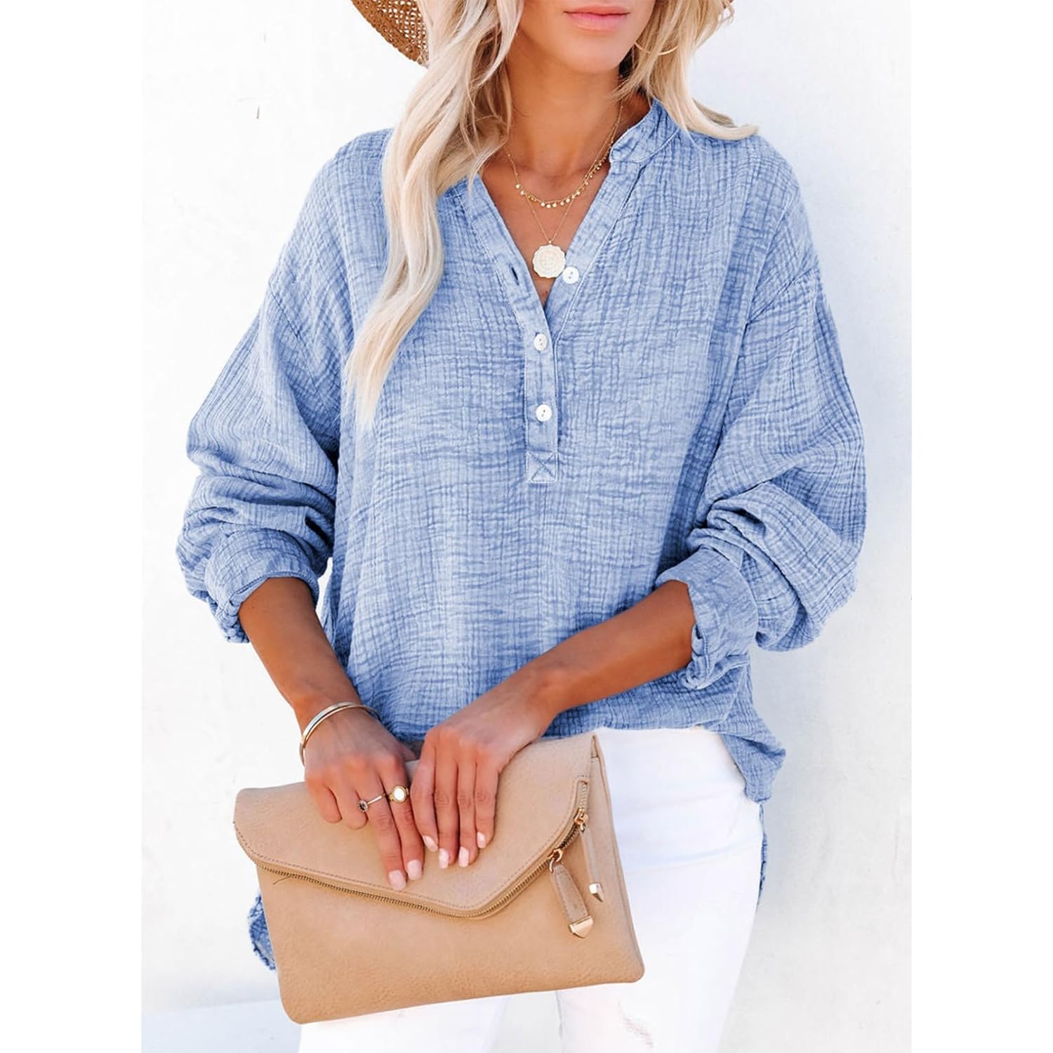 Dokotoo Womens Casual Button V Neck Long Sleeve Shirts Oversized Solid Blouses Tops