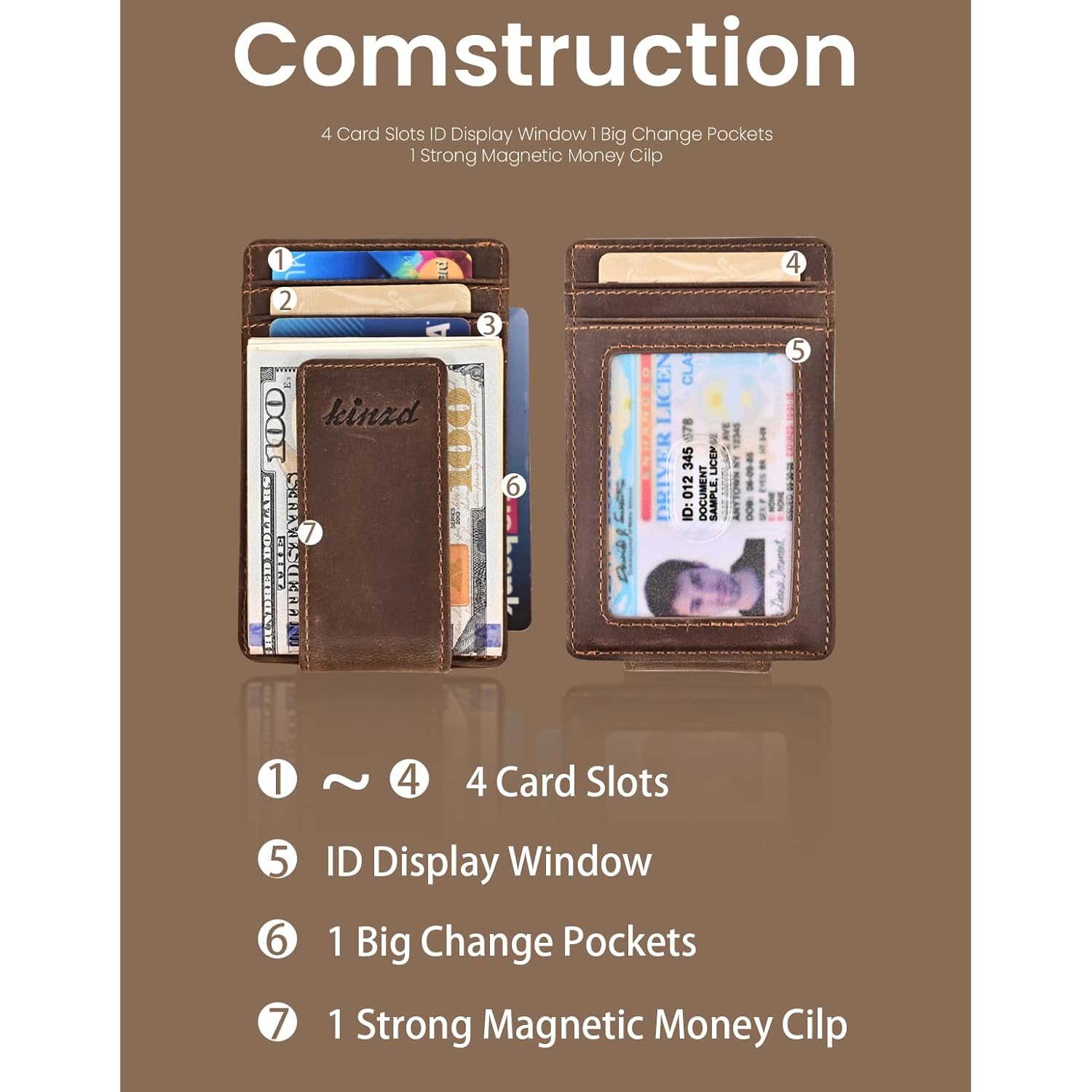 kinzd Money Clip, Front Pocket Wallet, Leather RFID Blocking Strong Magnet thin Wallet