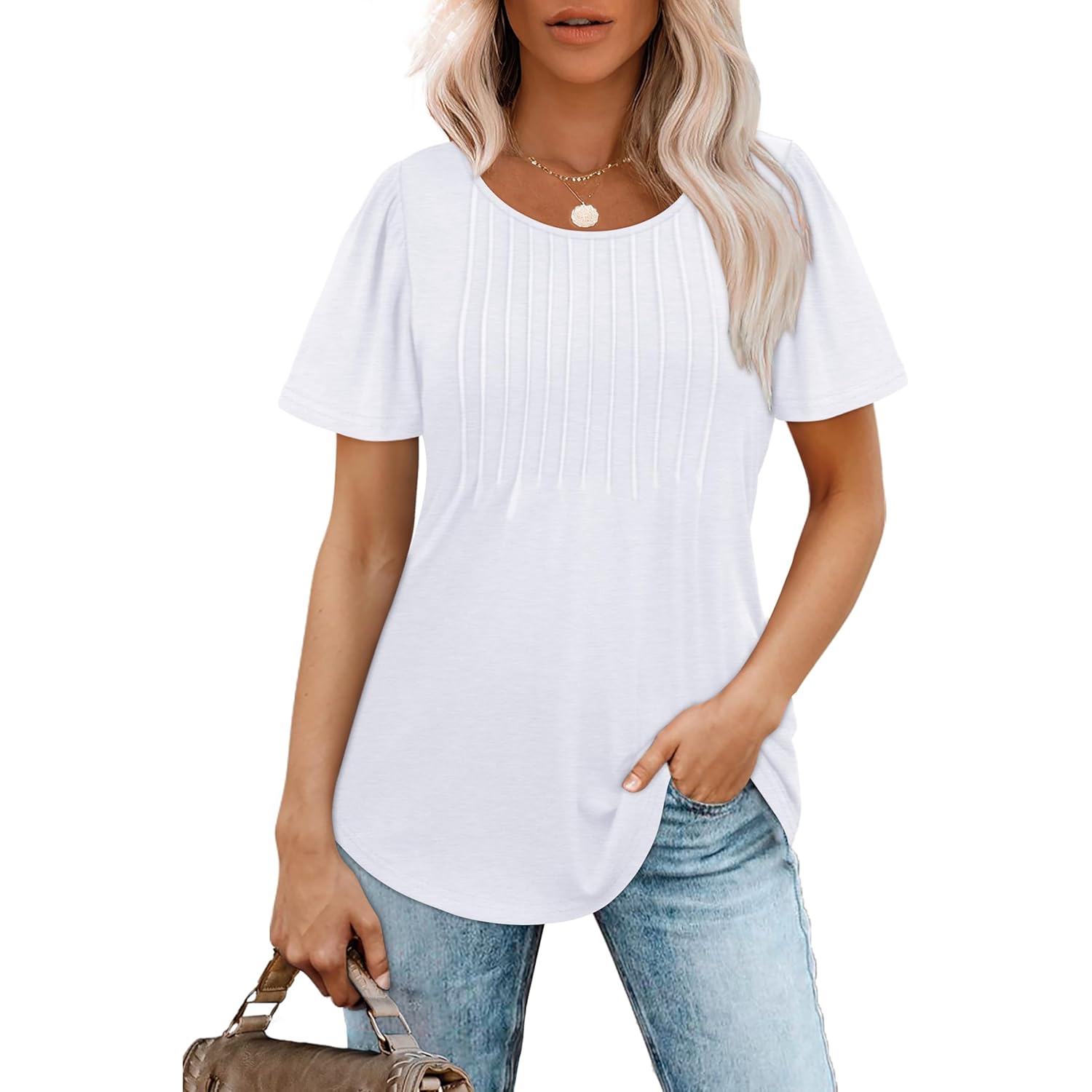 OFEEFAN Womens T Shirts Short Sleeve Pleated Dressy Casual Scooped Neck Summer Tops Blouses