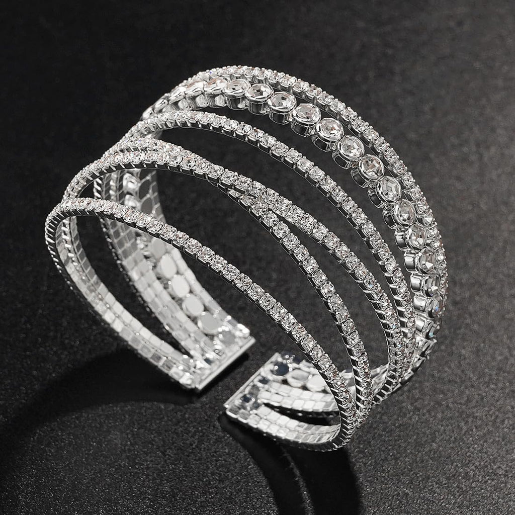 Suyi Rhinestone Bracelet for Women Silver Multilayer Cuff Bracelet Craystal Braidal Bracelets