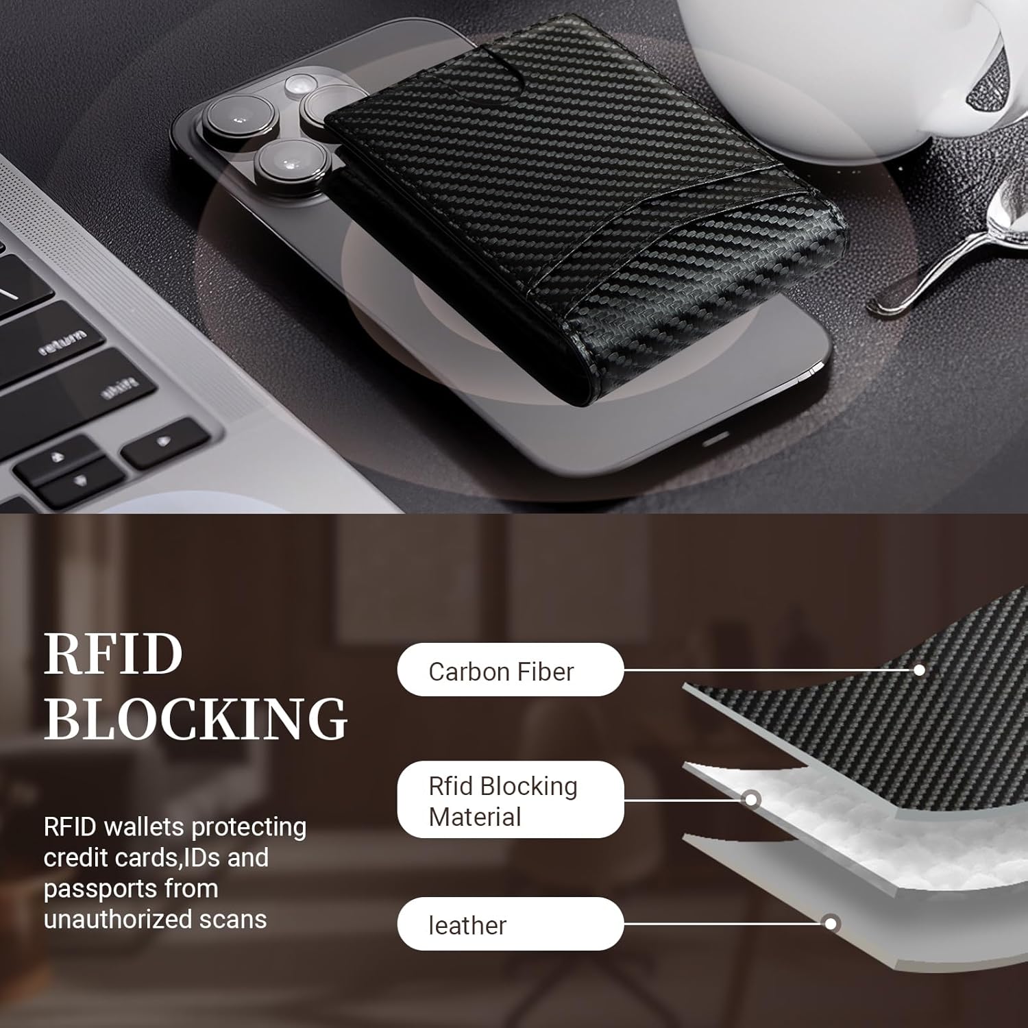 GNDR Wallet For Men RFID Blocking Leather Black Wallets Bifold Carbon Fiber Front Pocket Card Holder Mens Accessories With Gift Box