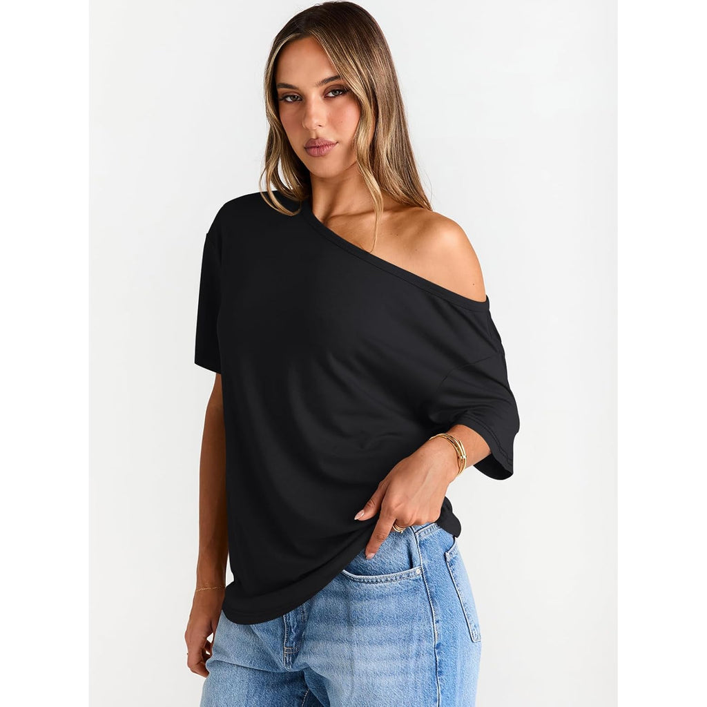 Trendy Queen Womens Off The Shoulder Tops Oversized T-Shirts Short Sleeve Tees Summer 2025 Casual Spring Fashion Clothes