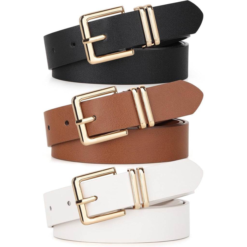 UnFader Pack 3 Women Belts for Jeans Pants, Fashion Gold Buckle Leather Belts