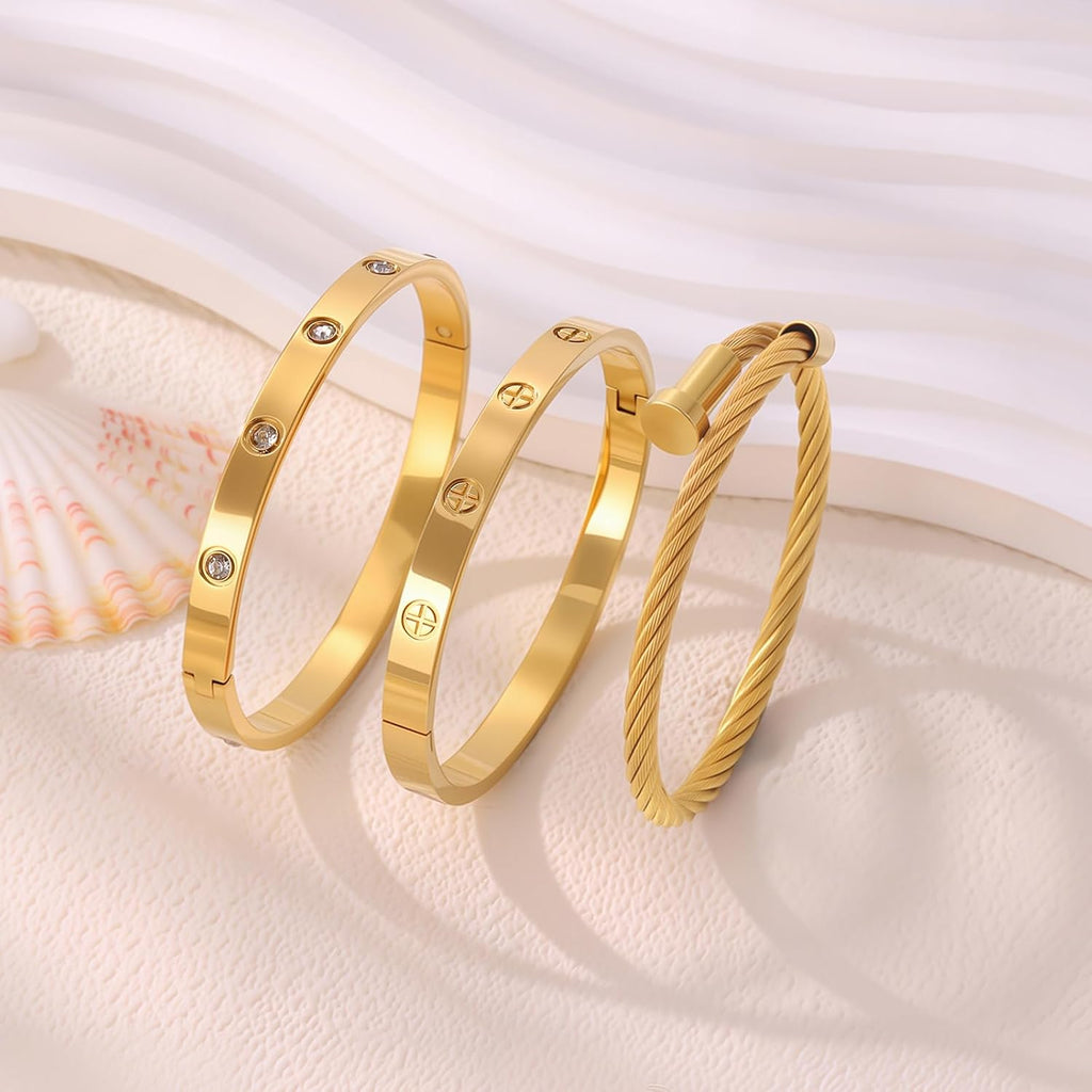 Gold Bracelets for Women - Stackable Bangles with Friendship & Love Theme - Stainless Steel Jewelry Gift for Her