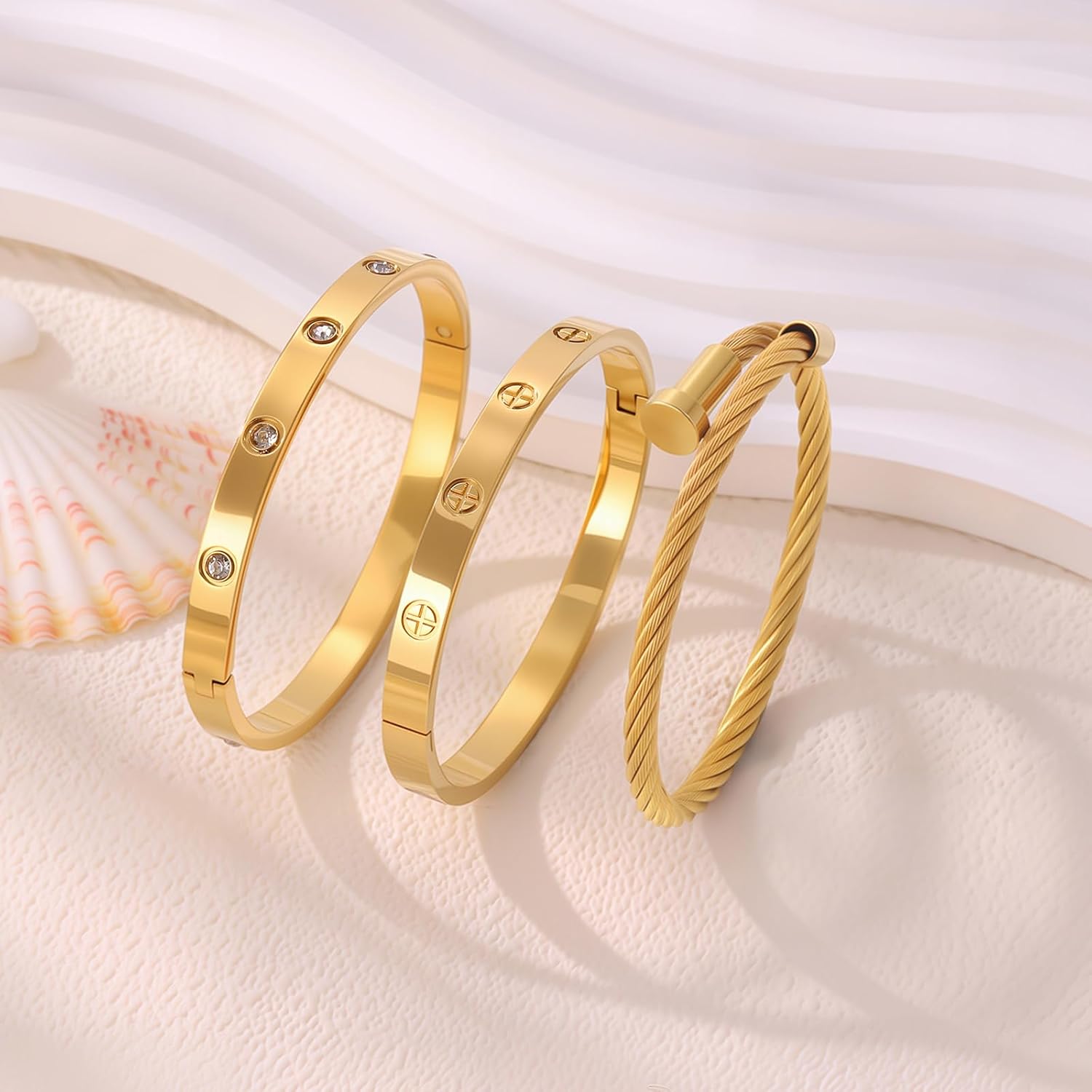 Gold Bracelets for Women - Stackable Bangles with Friendship & Love Theme - Stainless Steel Jewelry Gift for Her