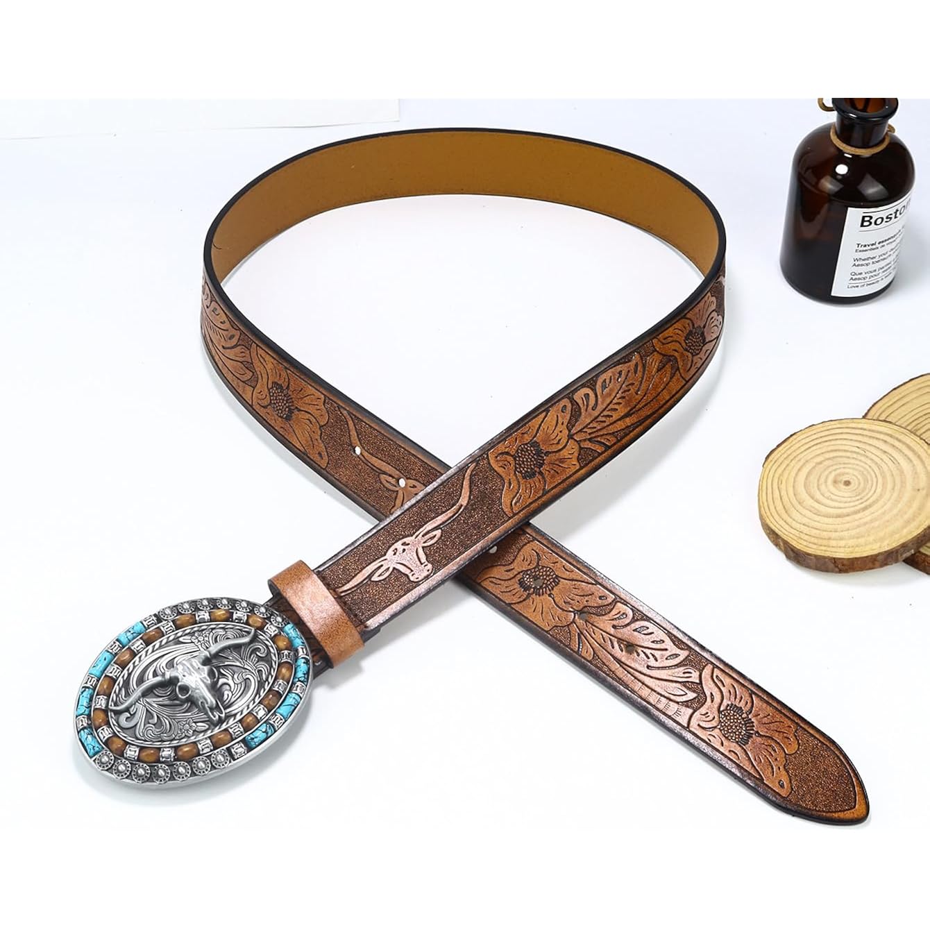 Western-Cowboy-Leather-Belts for Women Turquoise-Oval-Buckle Embossed Cowgirl Belt for Jeans Pants Fit for 27"-41"