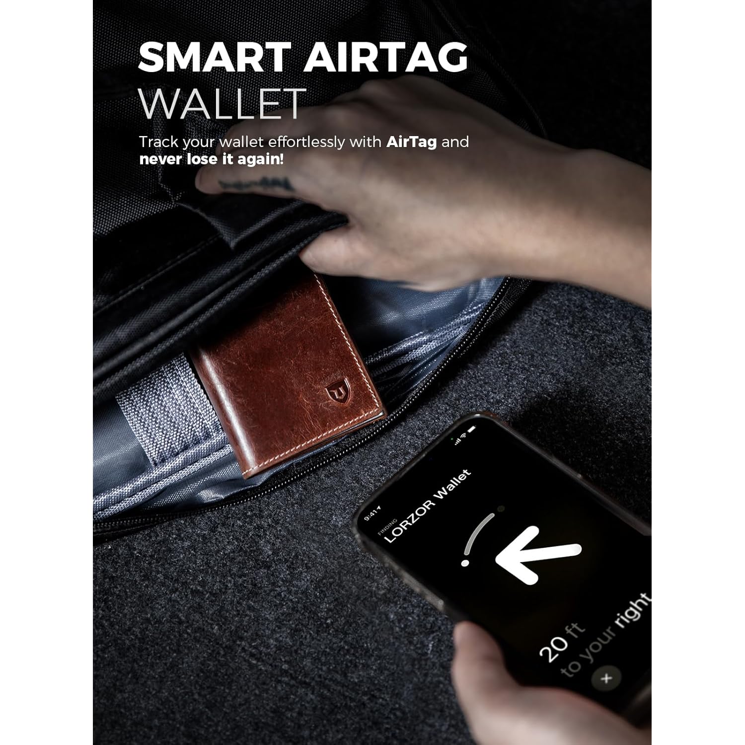 LORZOR AirTag Wallet - Full Grain Leather, Mens Minimalist Wallet with Apple Air Tag Holder, Slim Smart Pop up Card Case, ID Window, RFID Blocking, Front Pocket (AirTag Not Included)