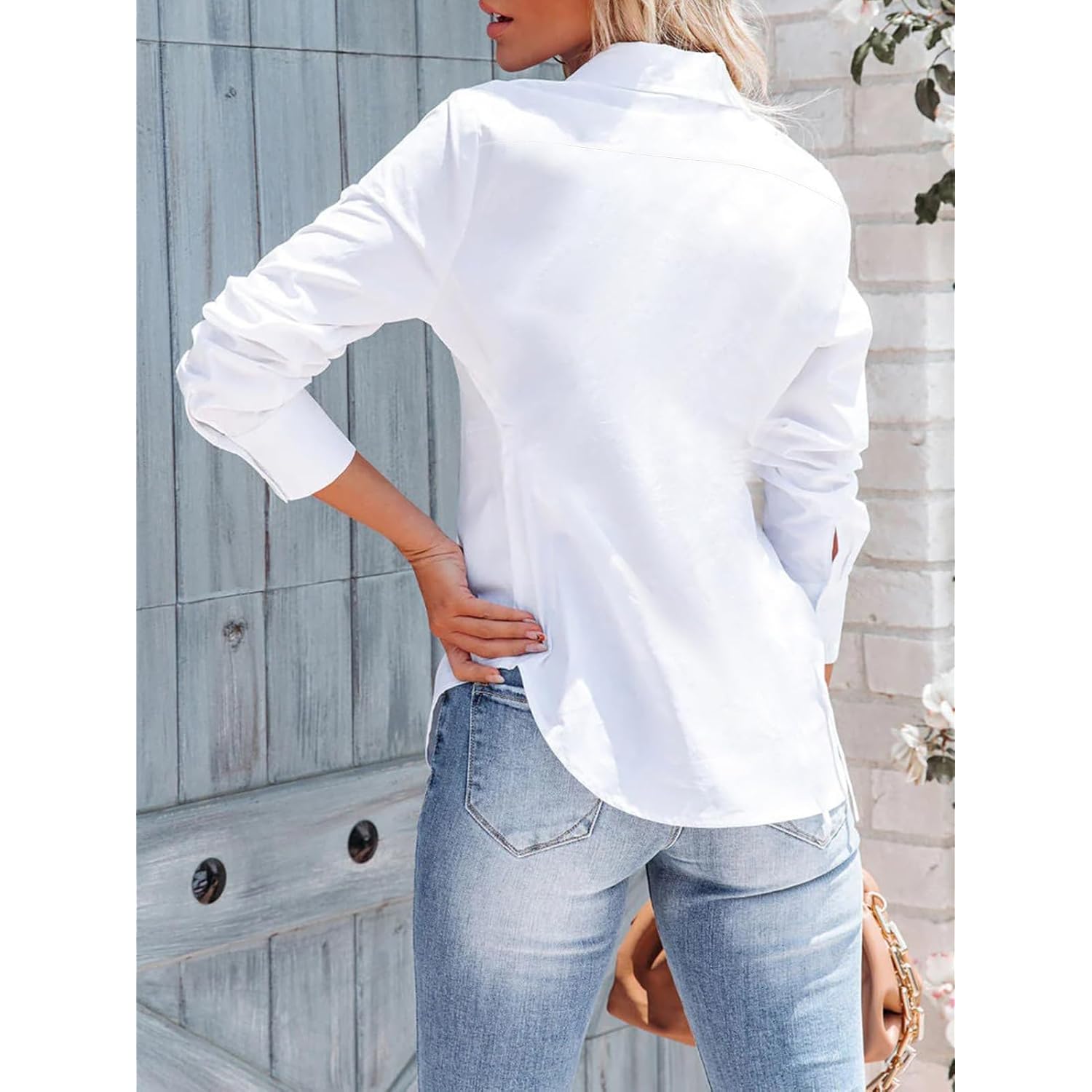 siliteelon Women's Button Down Shirts Long Sleeve Dress Shirts Wrinkle Free Collared Work Office Solid Blouses Corset Tops