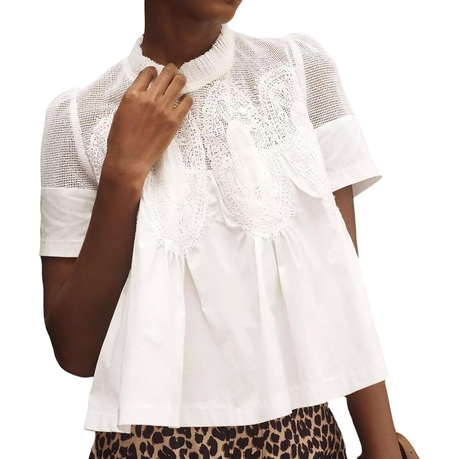 VAOYIU Women Lace-Detail Flared Blouse Short-Sleeve Crew Neck Lace Poplin Mesh Swing Top Elegant Loose Intricate Back Design