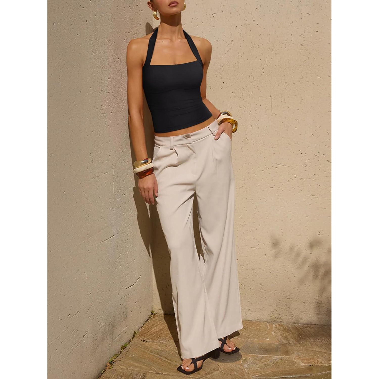 REORIA Women's Halter Going Out Tops 2025 Summer Y2K Shirts Sleeveless Sexy Crop Tank Top Y2k Outfits