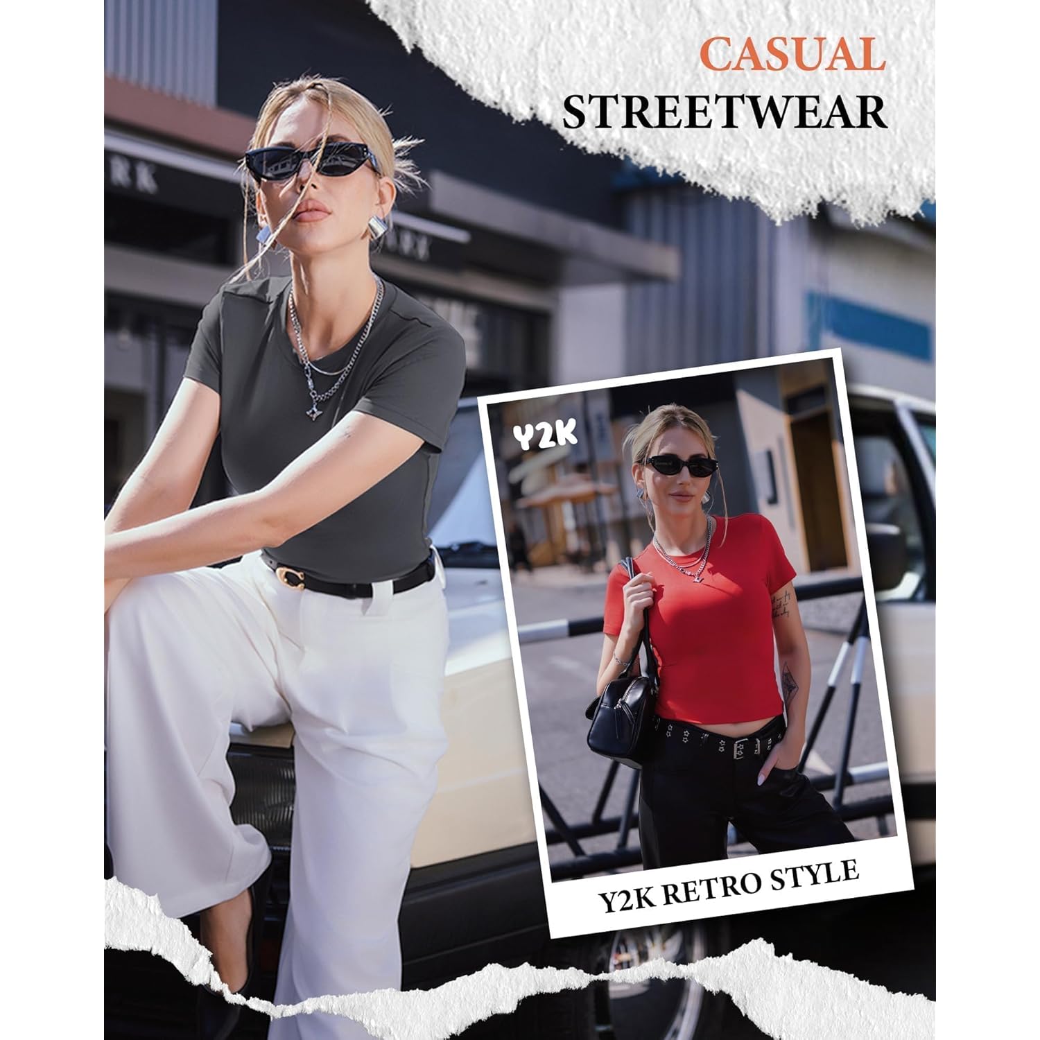 GAYHAY 3 Pack Basic Tees for Women - Crew Neck Slim Fit Tight T Shirts Cute Y2K Trendy Crop Tops Clothes for Casual Summer