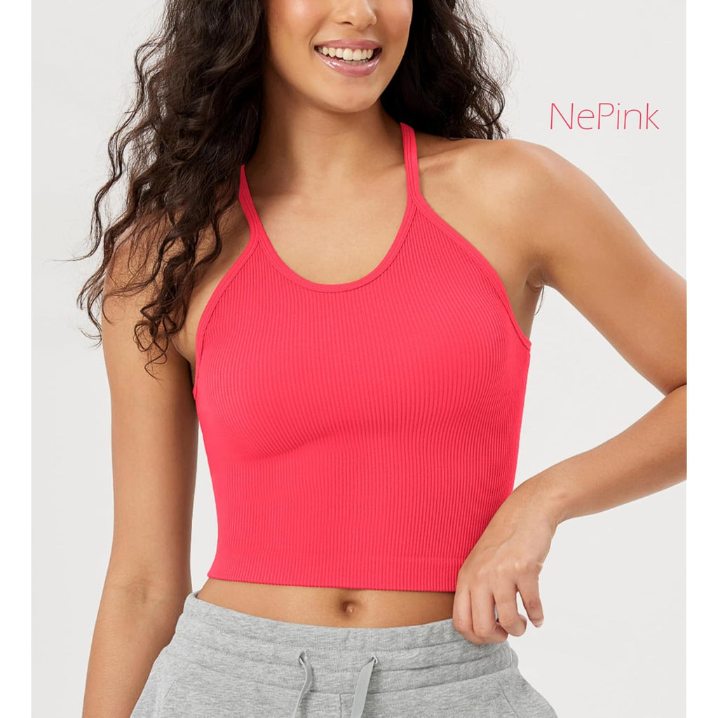 ODODOS Women's Crop 3-Pack Seamless Rib-Knit Camisole Crop Tank Tops